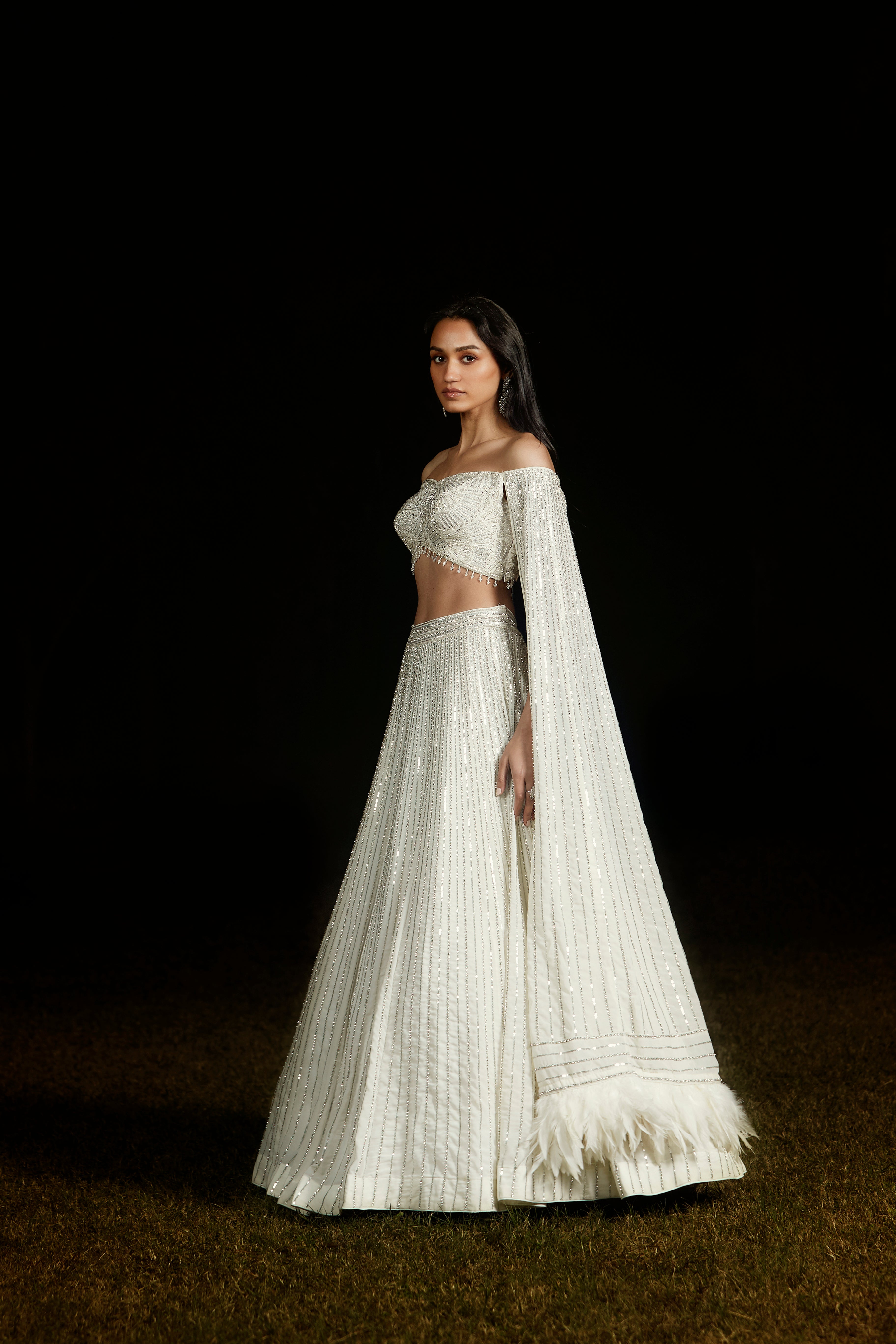 Ivory Off Shoulder Sequins Lehenga