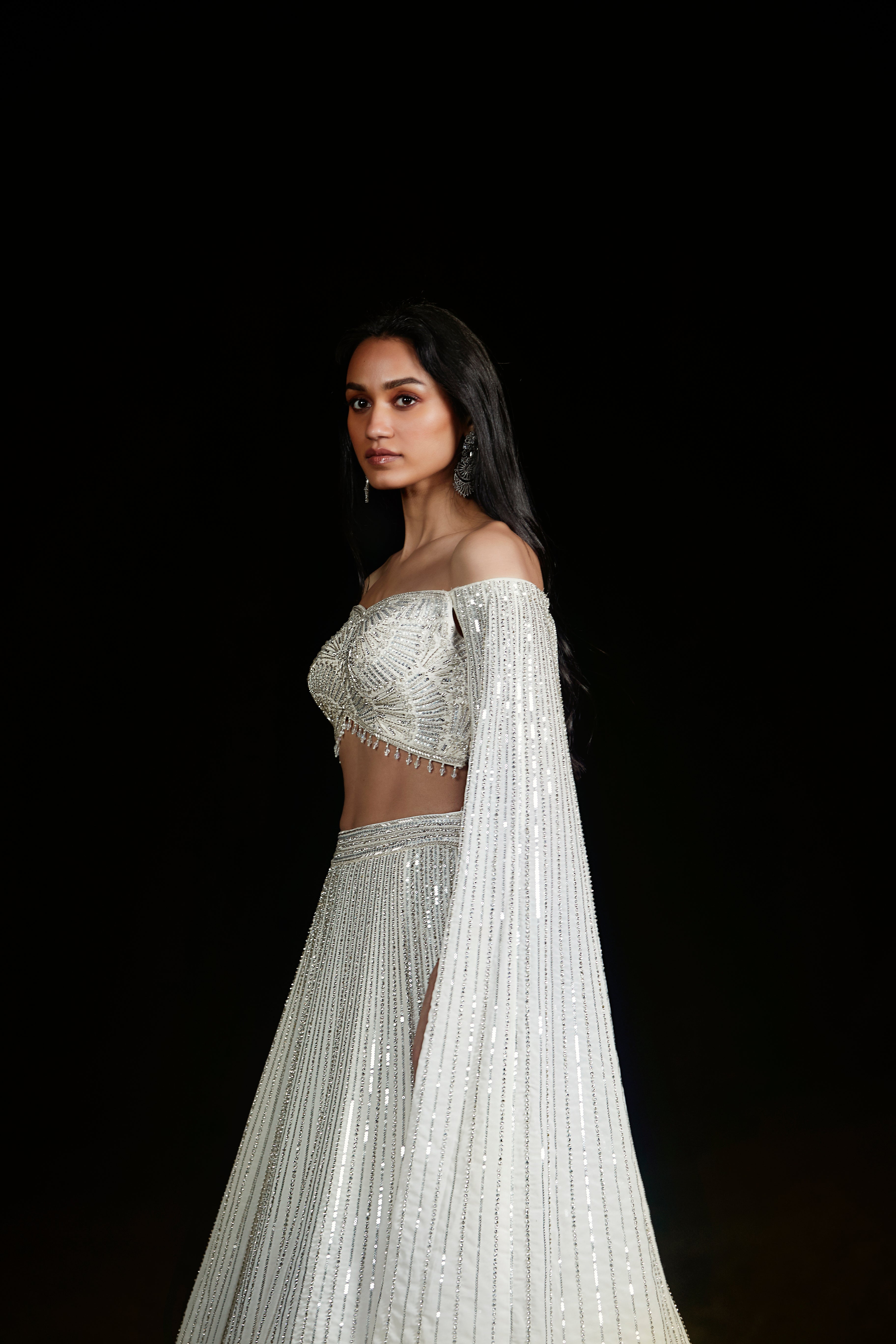 Ivory Off Shoulder Sequins Lehenga