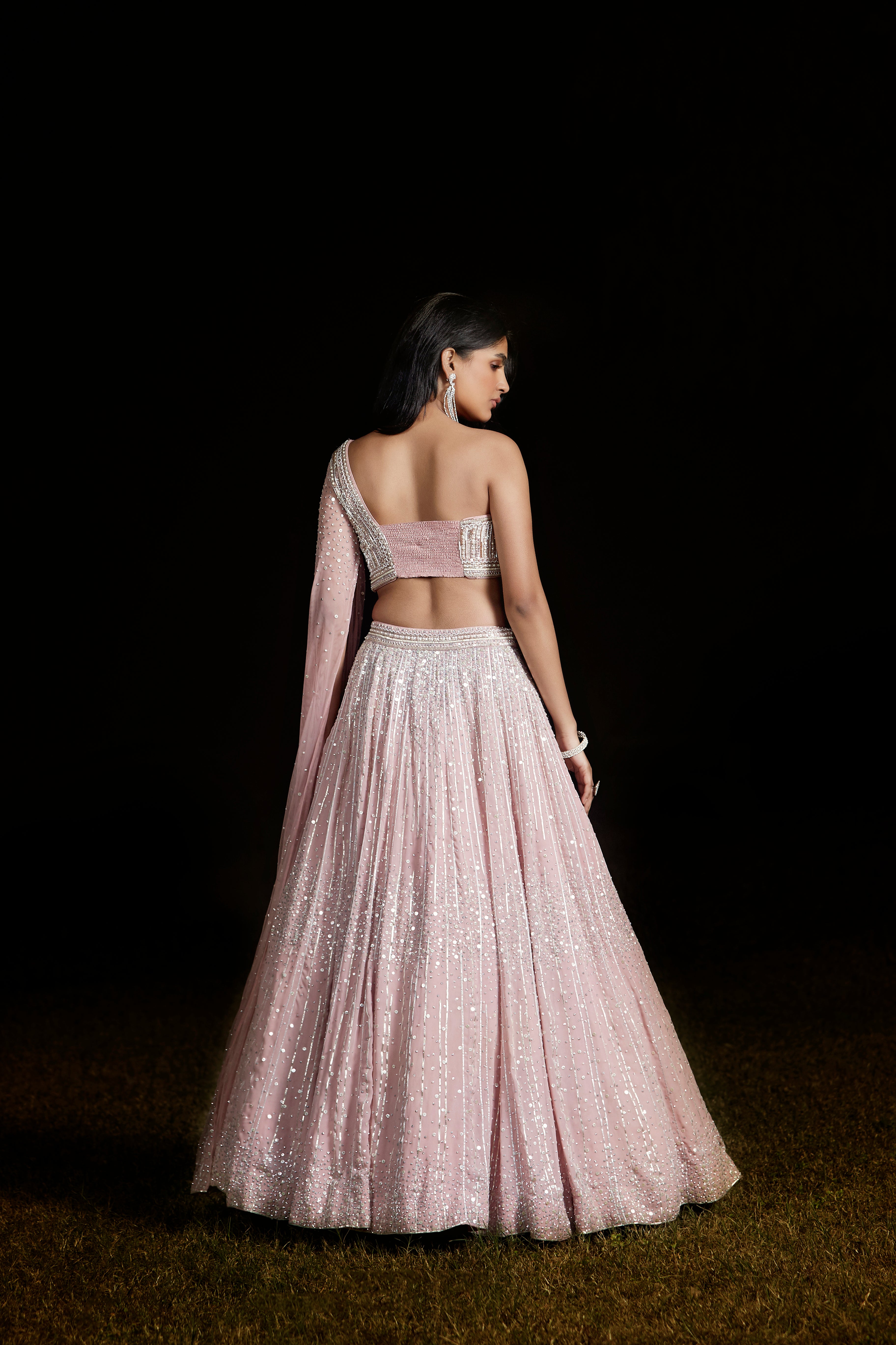 Pink One Shoulder Embroidered Lehenga