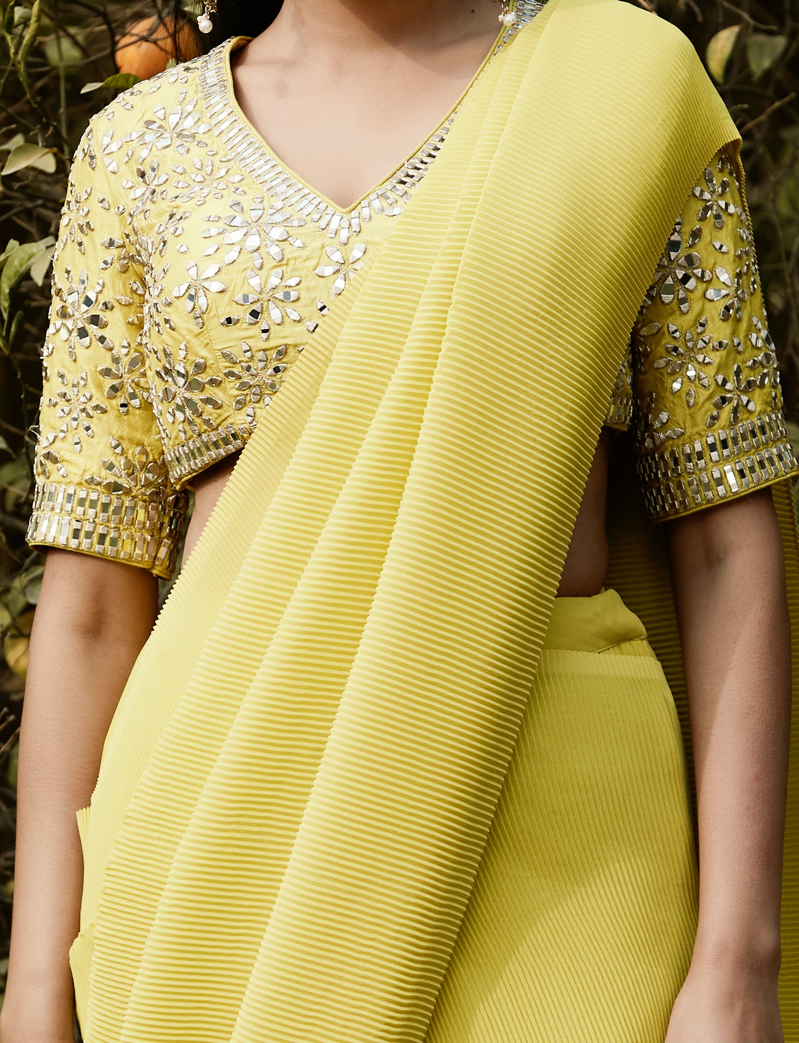 Lime Pre Draped Pleated Georgette Saree