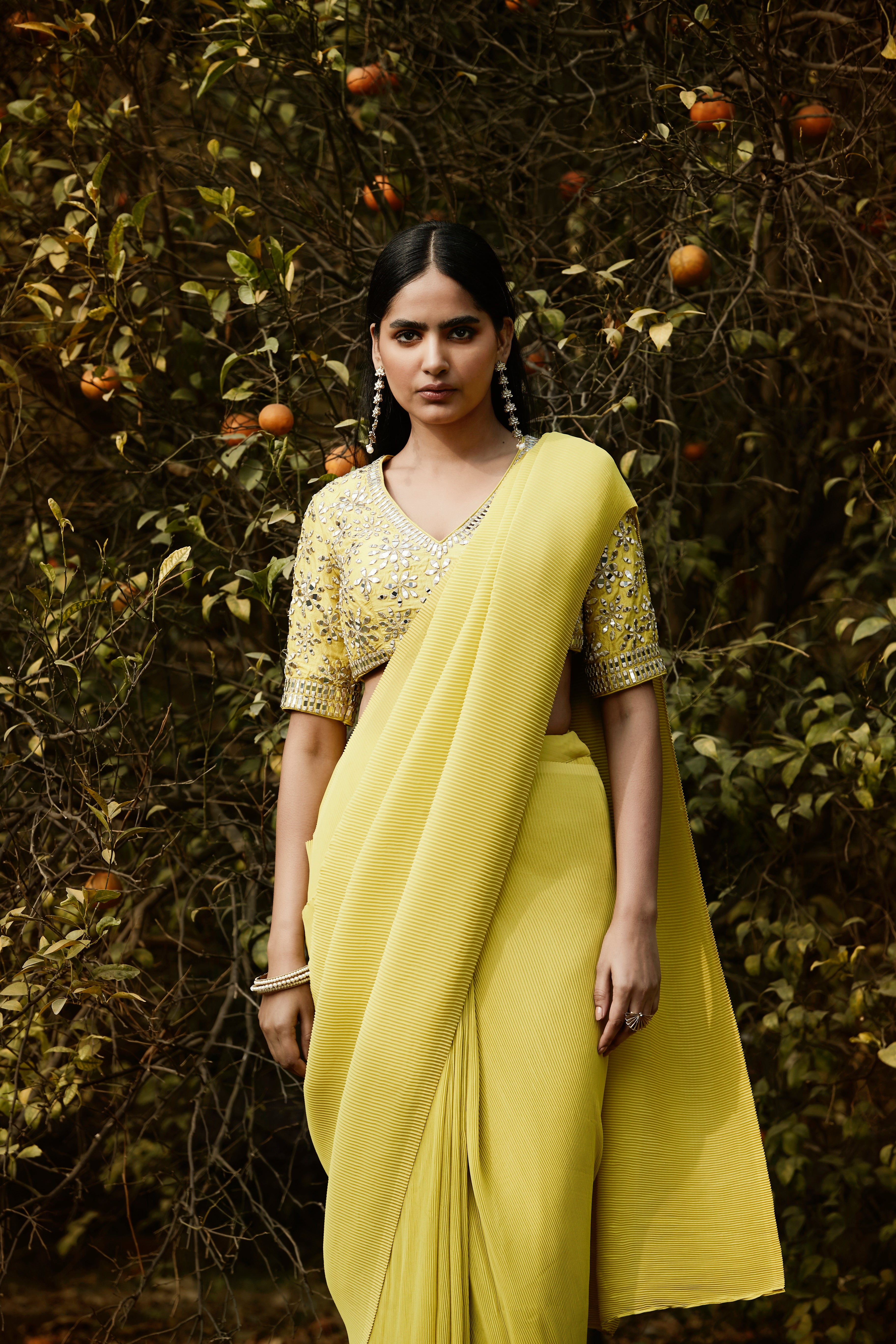 Lime Pre Draped Pleated Georgette Saree