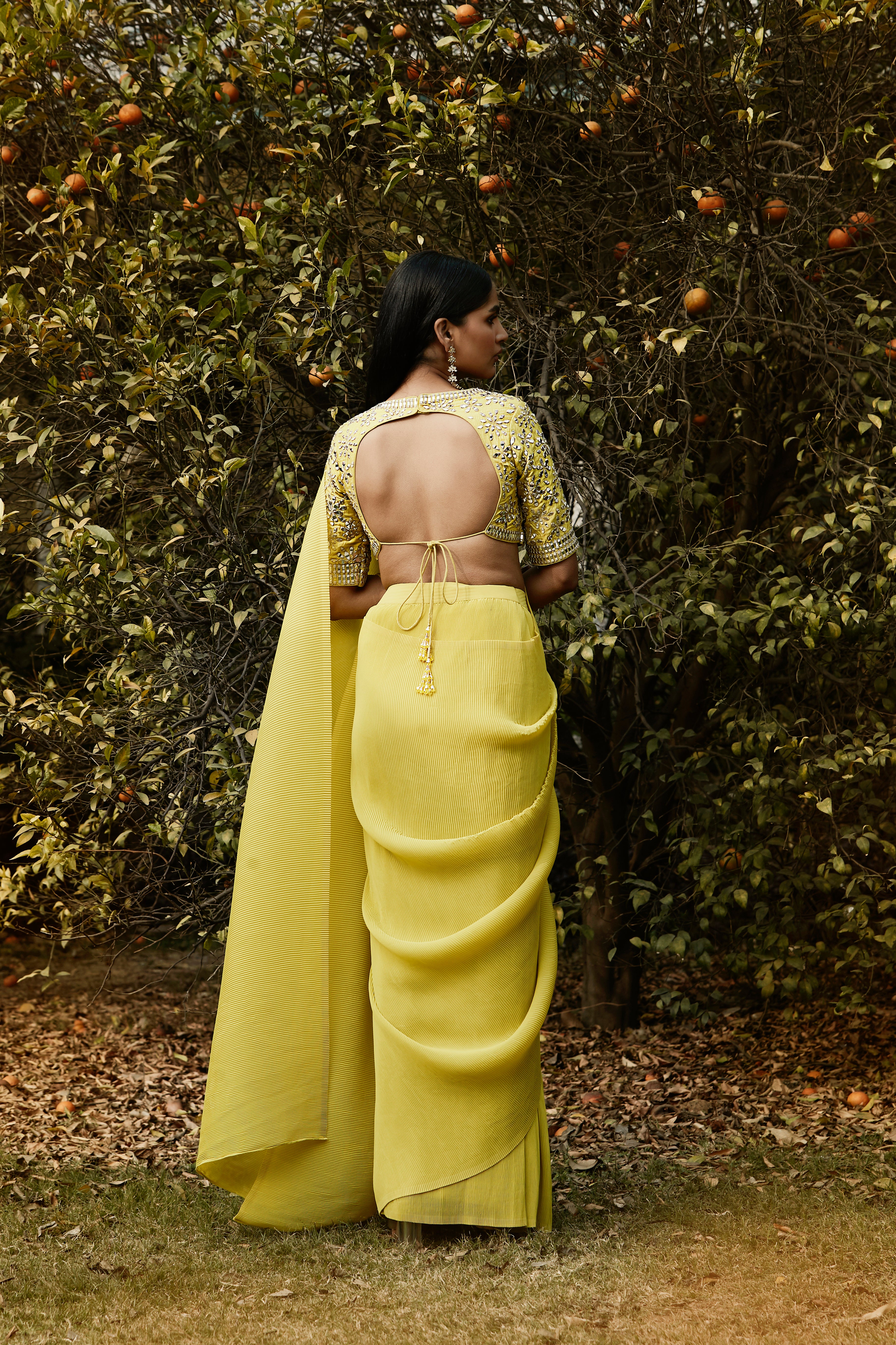 Lime Pre Draped Pleated Georgette Saree
