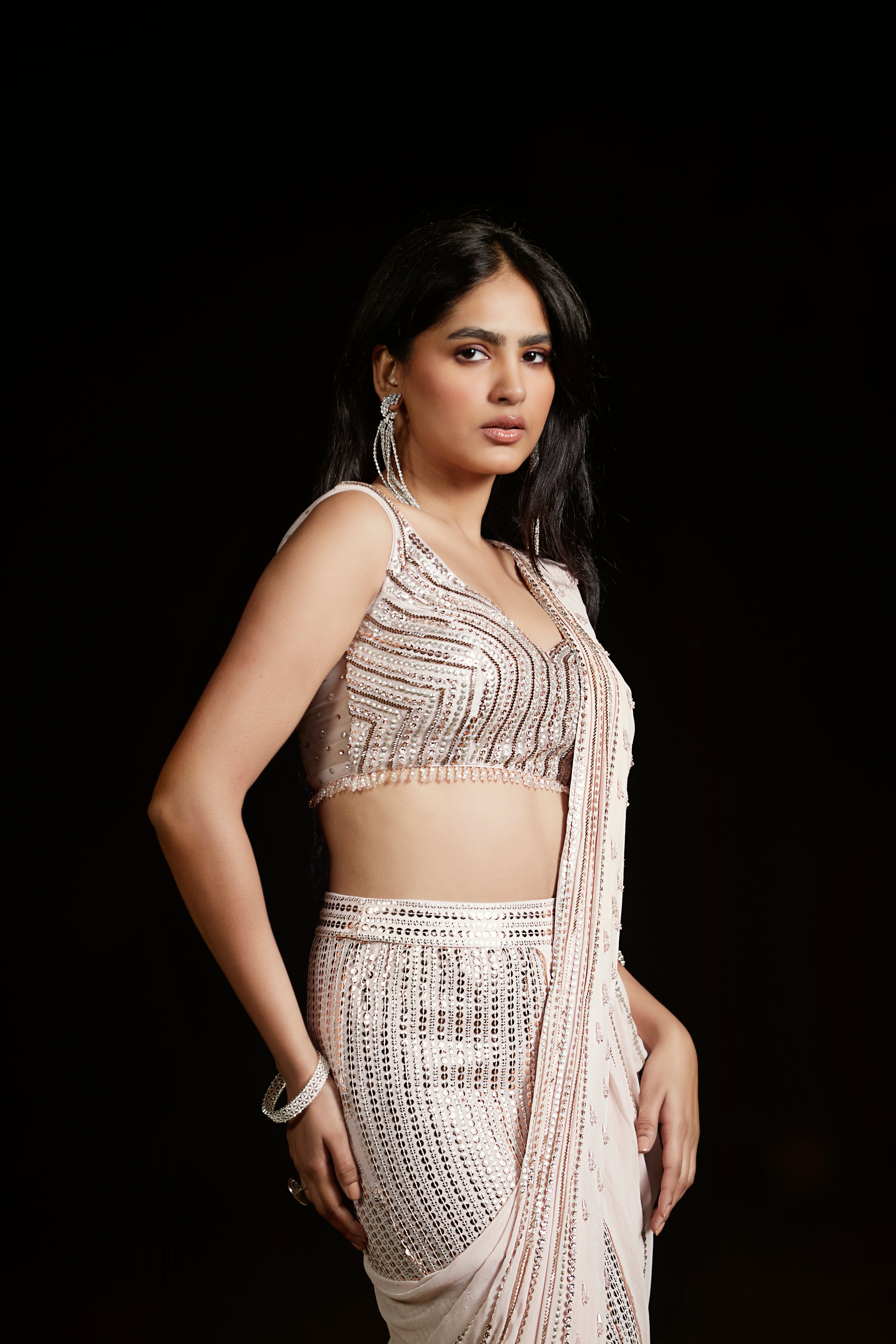 Peach Sequins Draped Saree