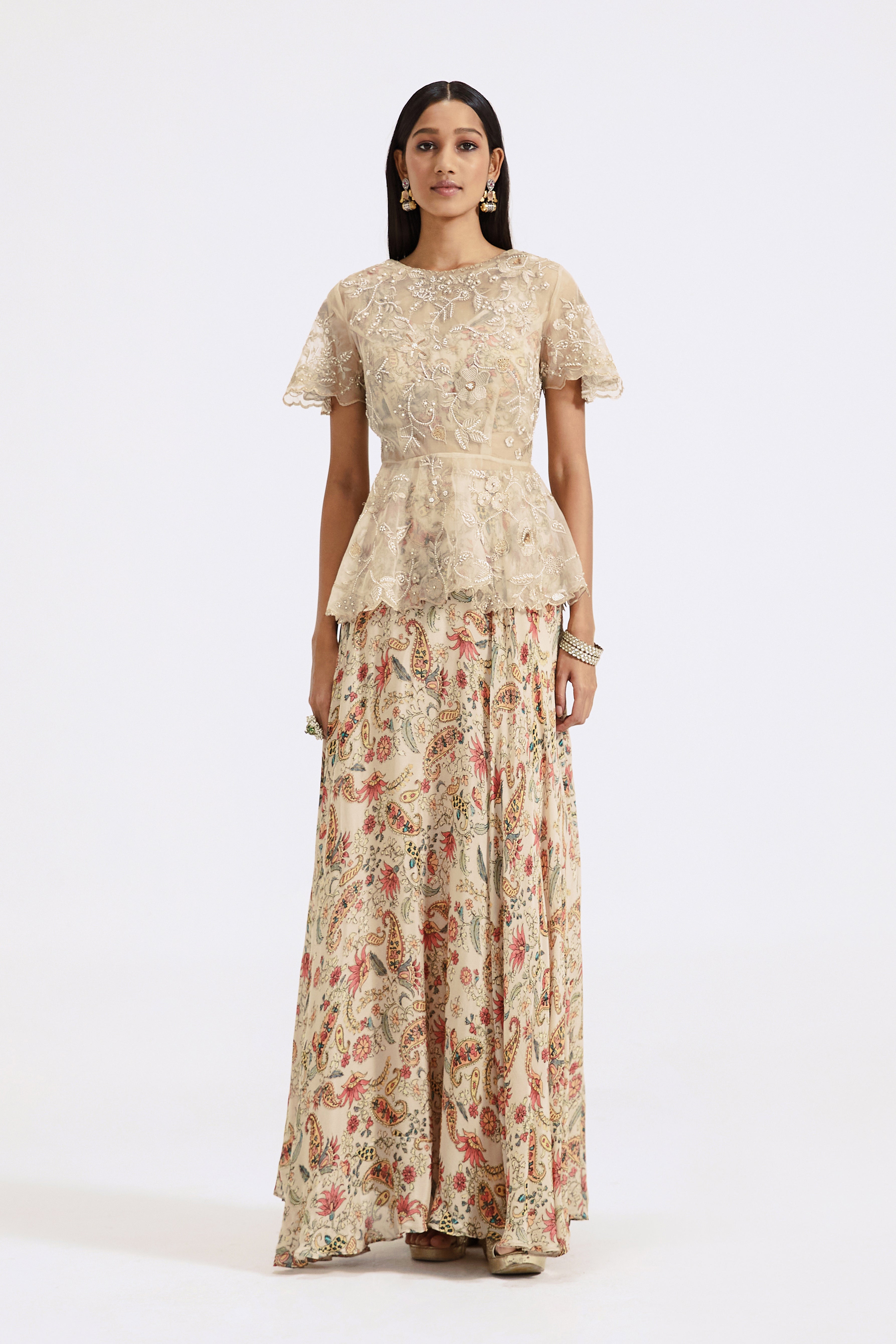 Grey Embroidered Top & Skirt Set
