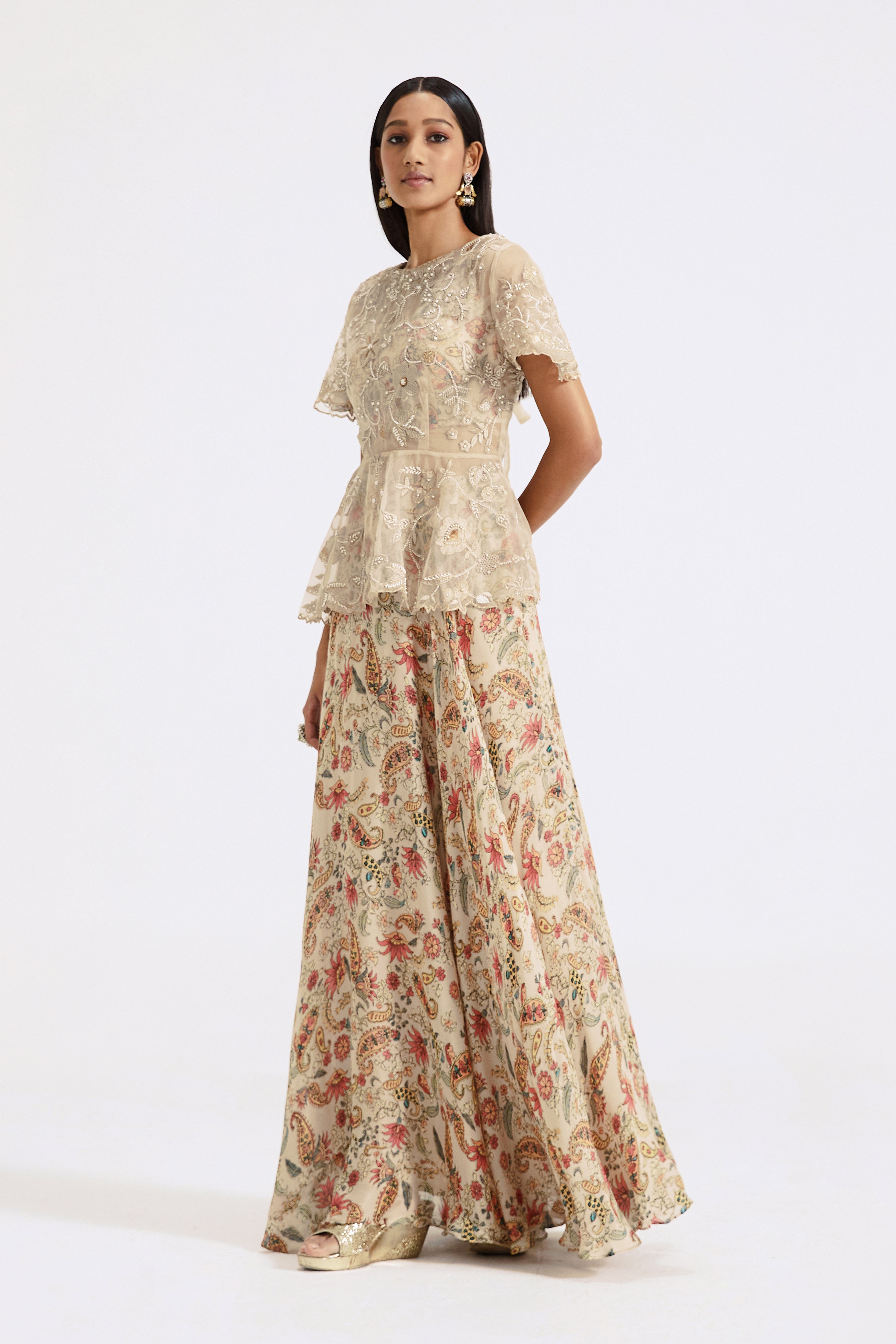 Grey Embroidered Top & Skirt Set
