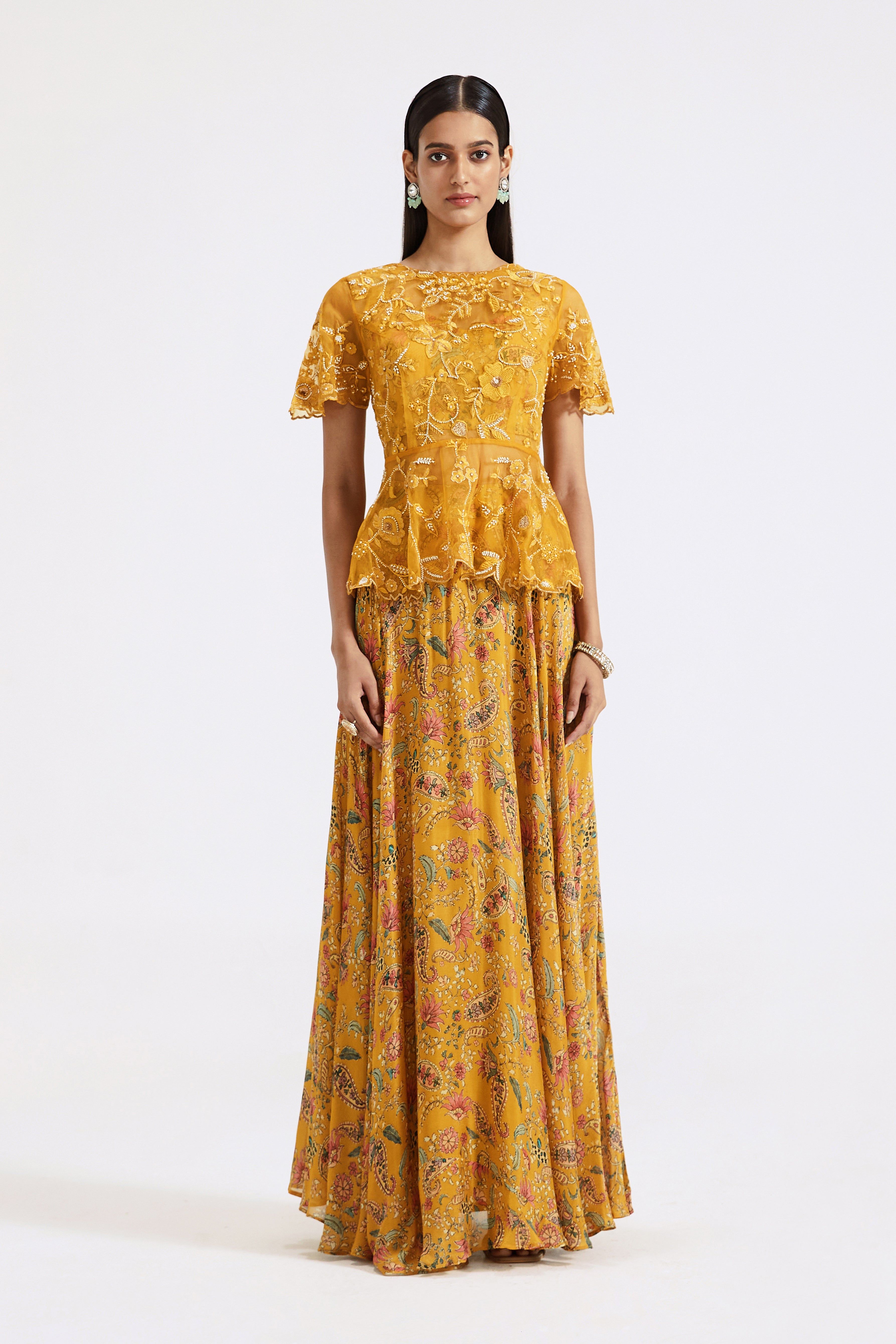 Yellow Embroidered Top & Skirt Set
