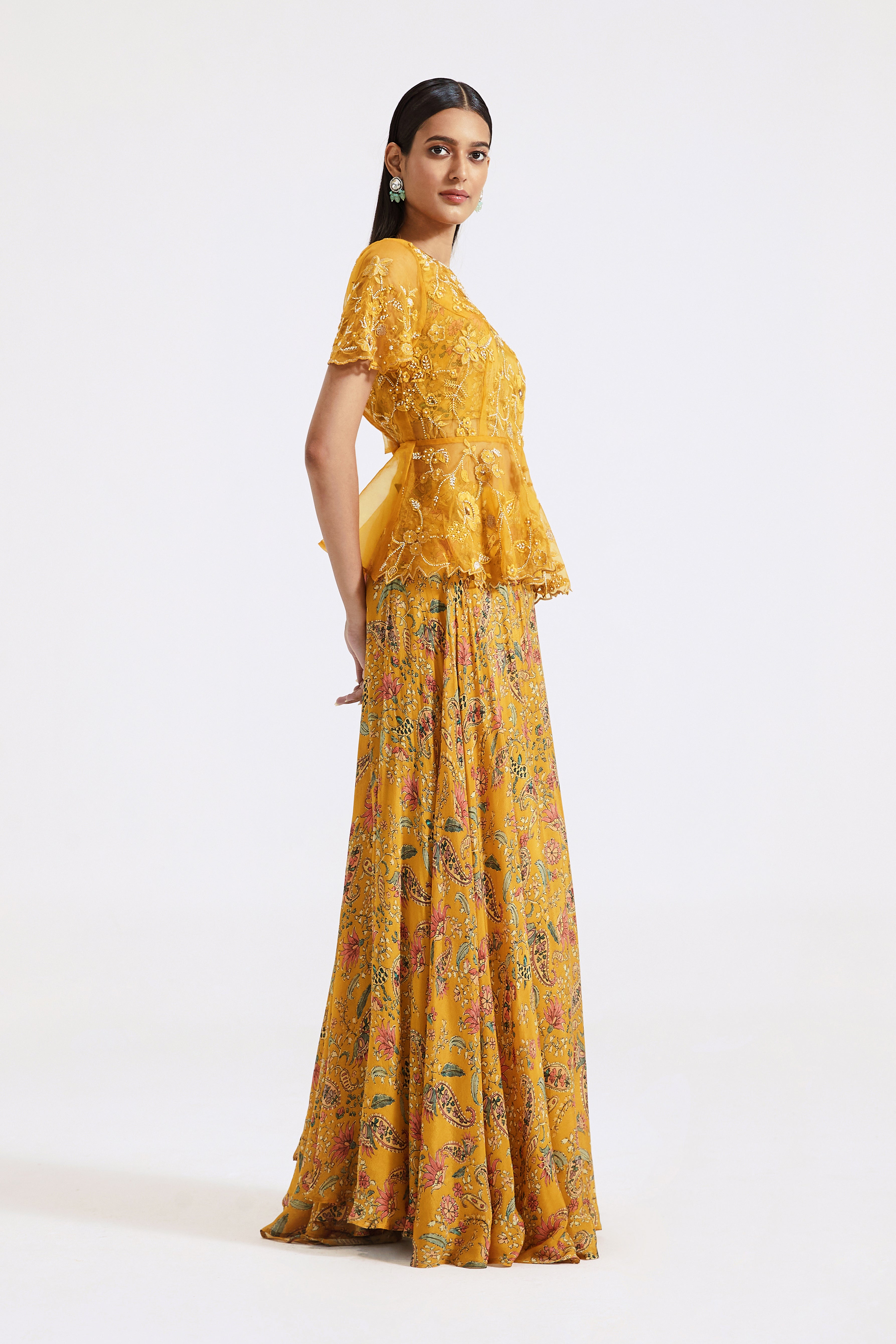 Yellow Embroidered Top & Skirt Set