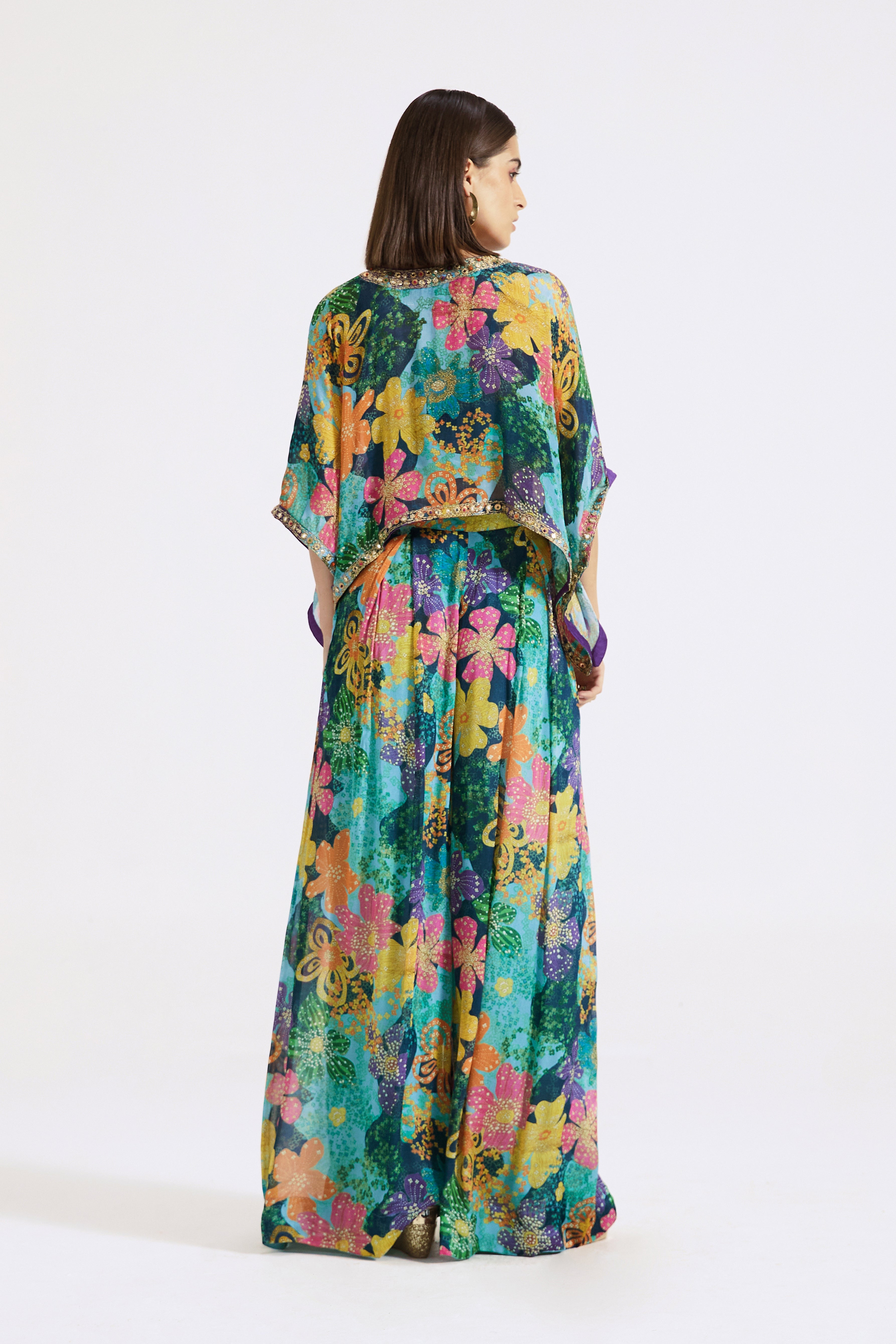Multicoloured Sharara Set With Cape