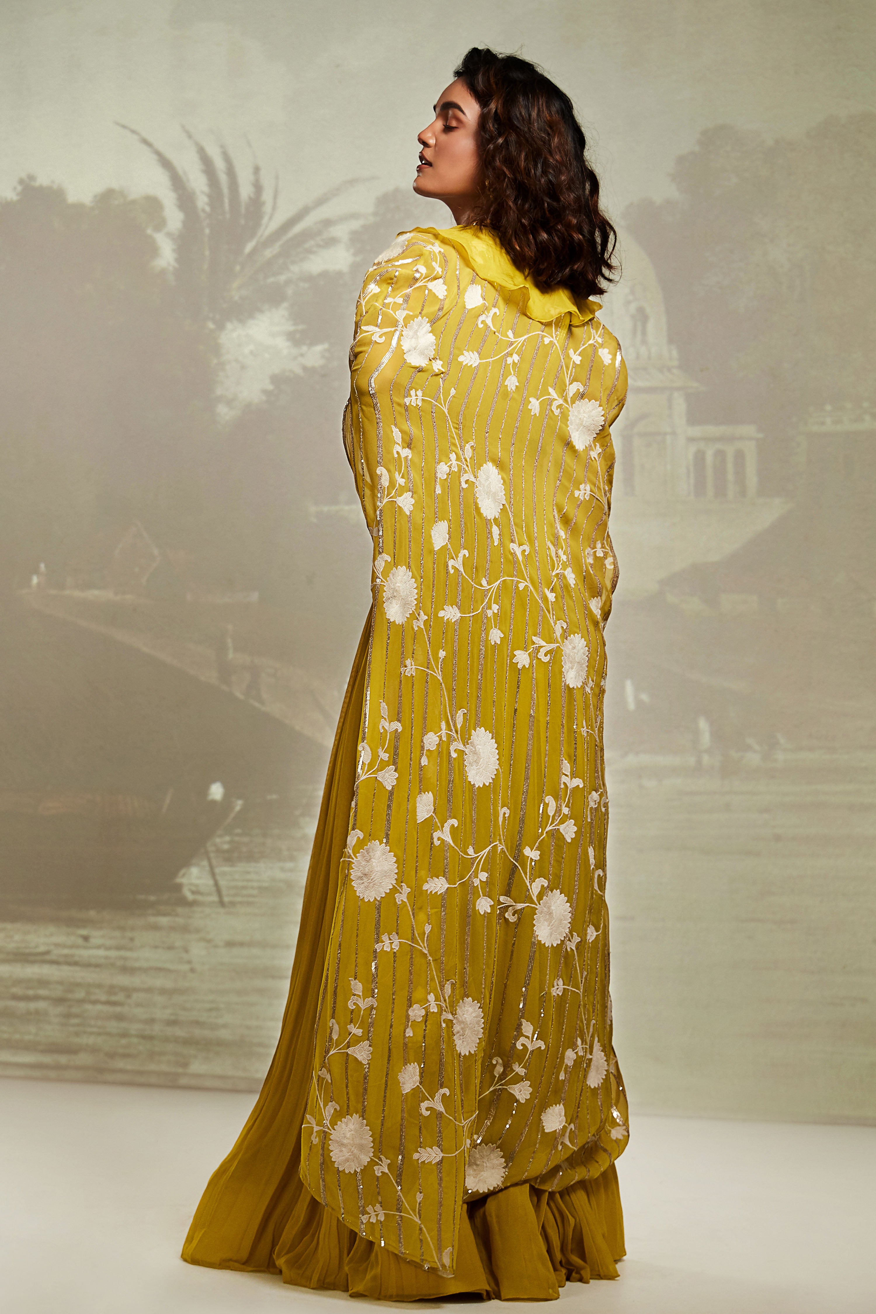 Lime Embroidered Cape Set