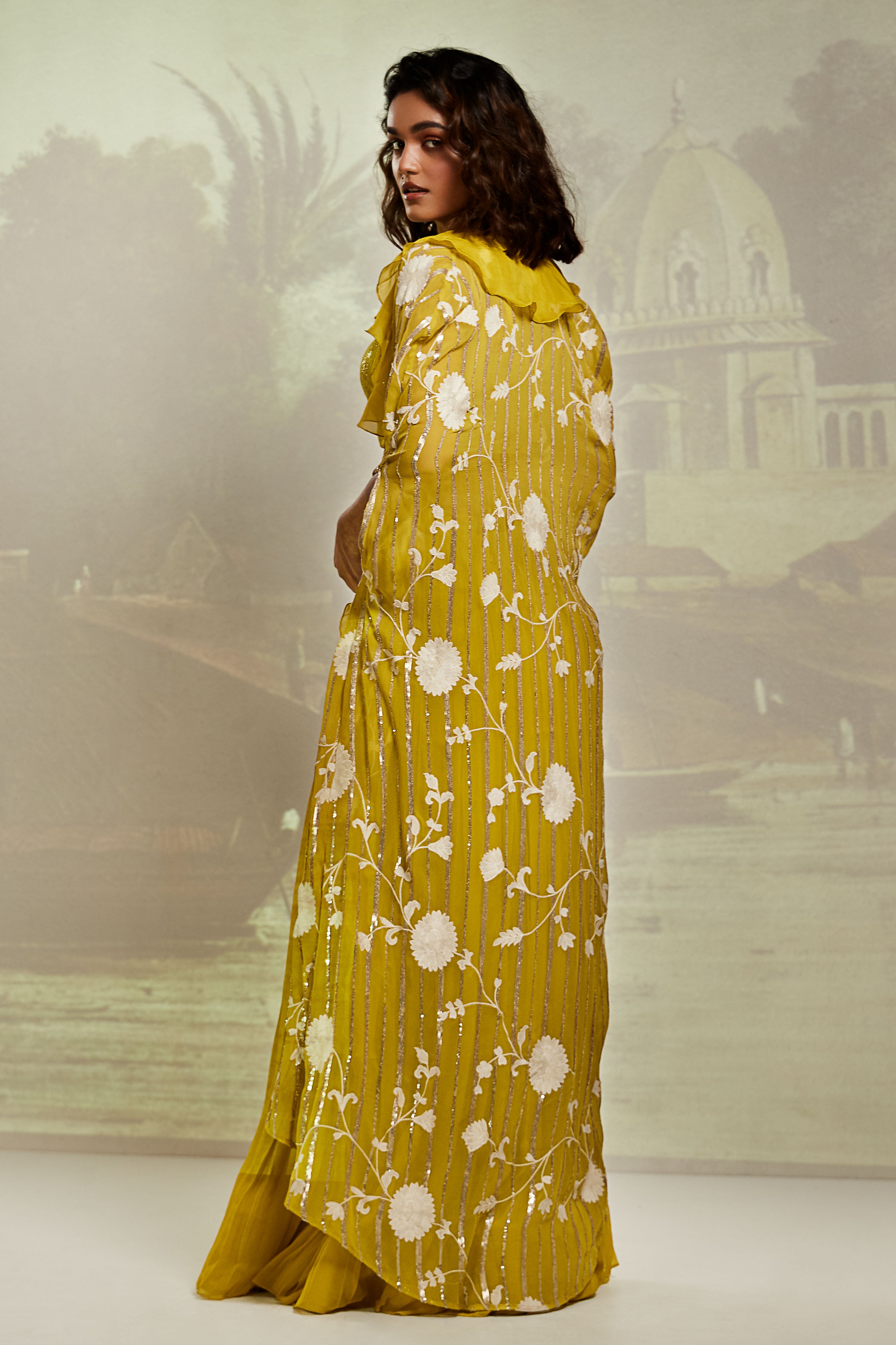 Lime Embroidered Cape Set