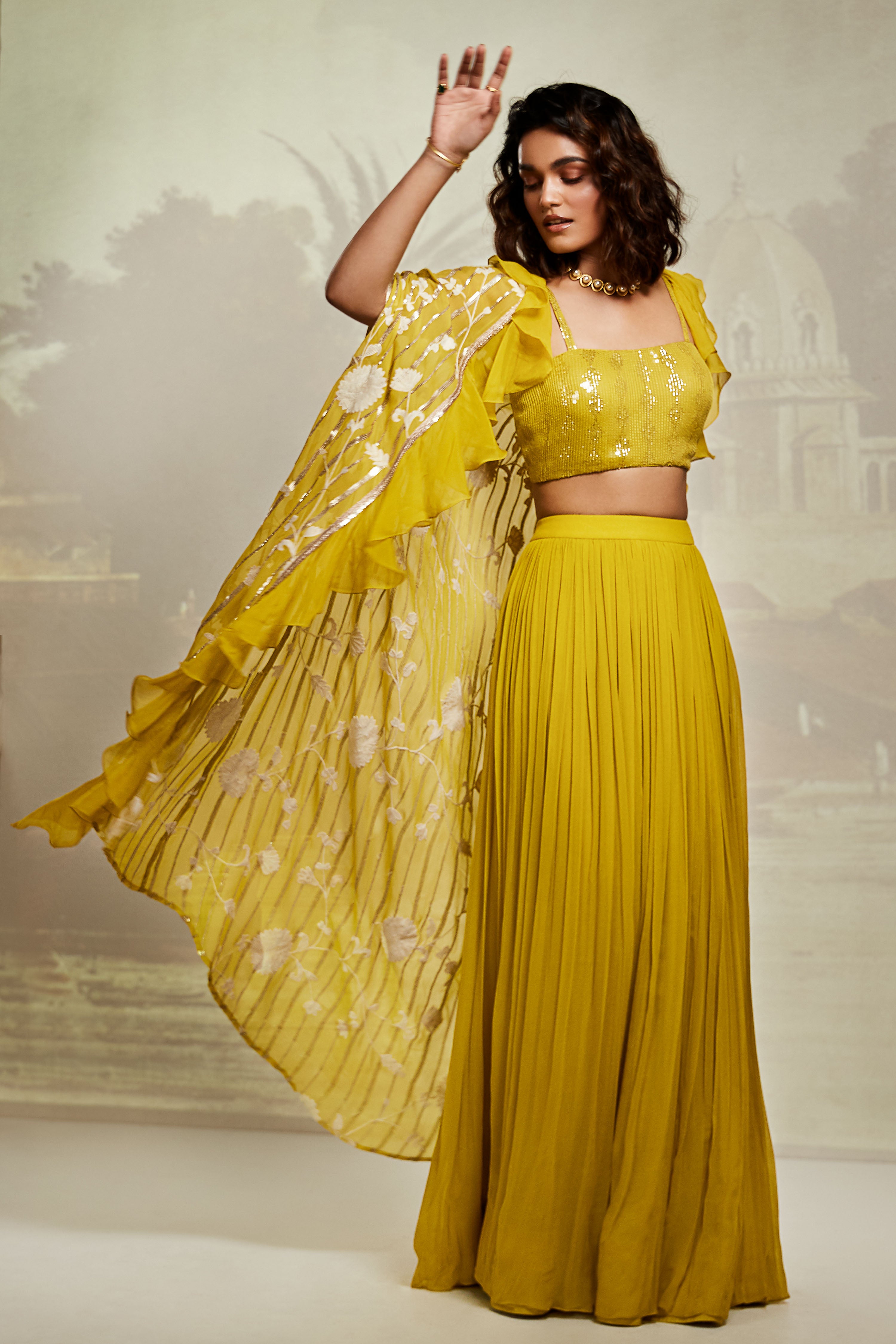 Lime Embroidered Cape Set