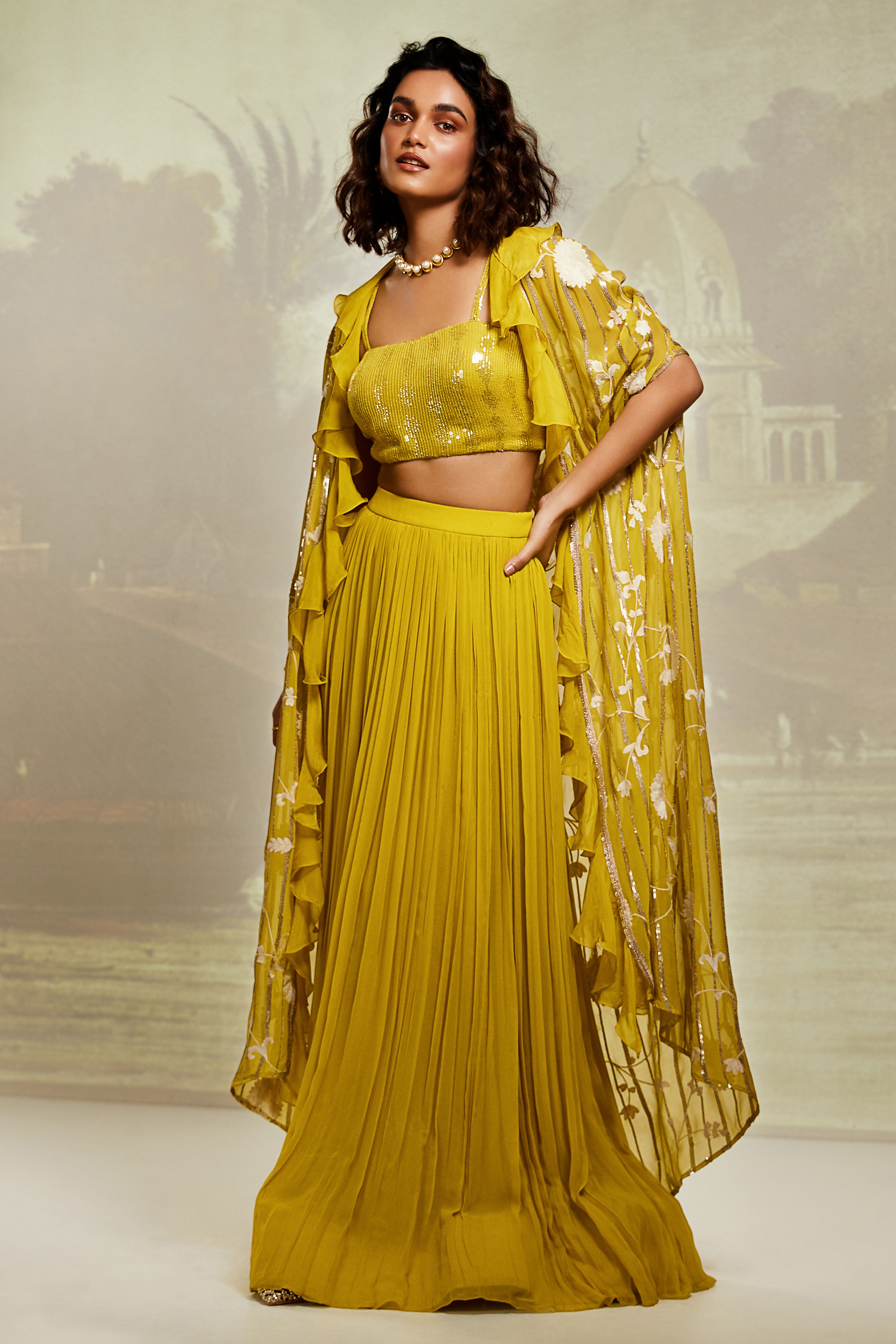 Lime Embroidered Cape Set