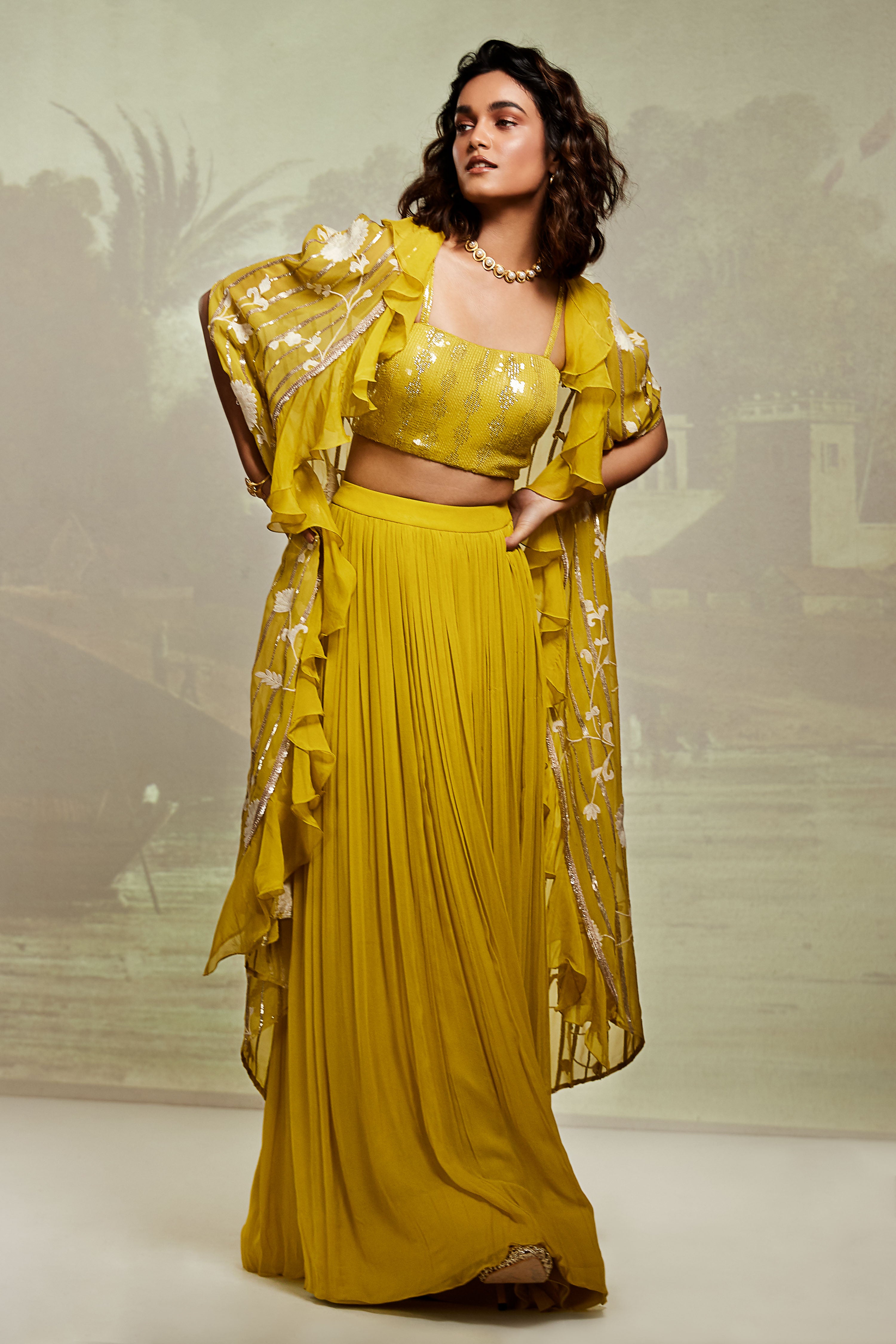 Lime Embroidered Cape Set