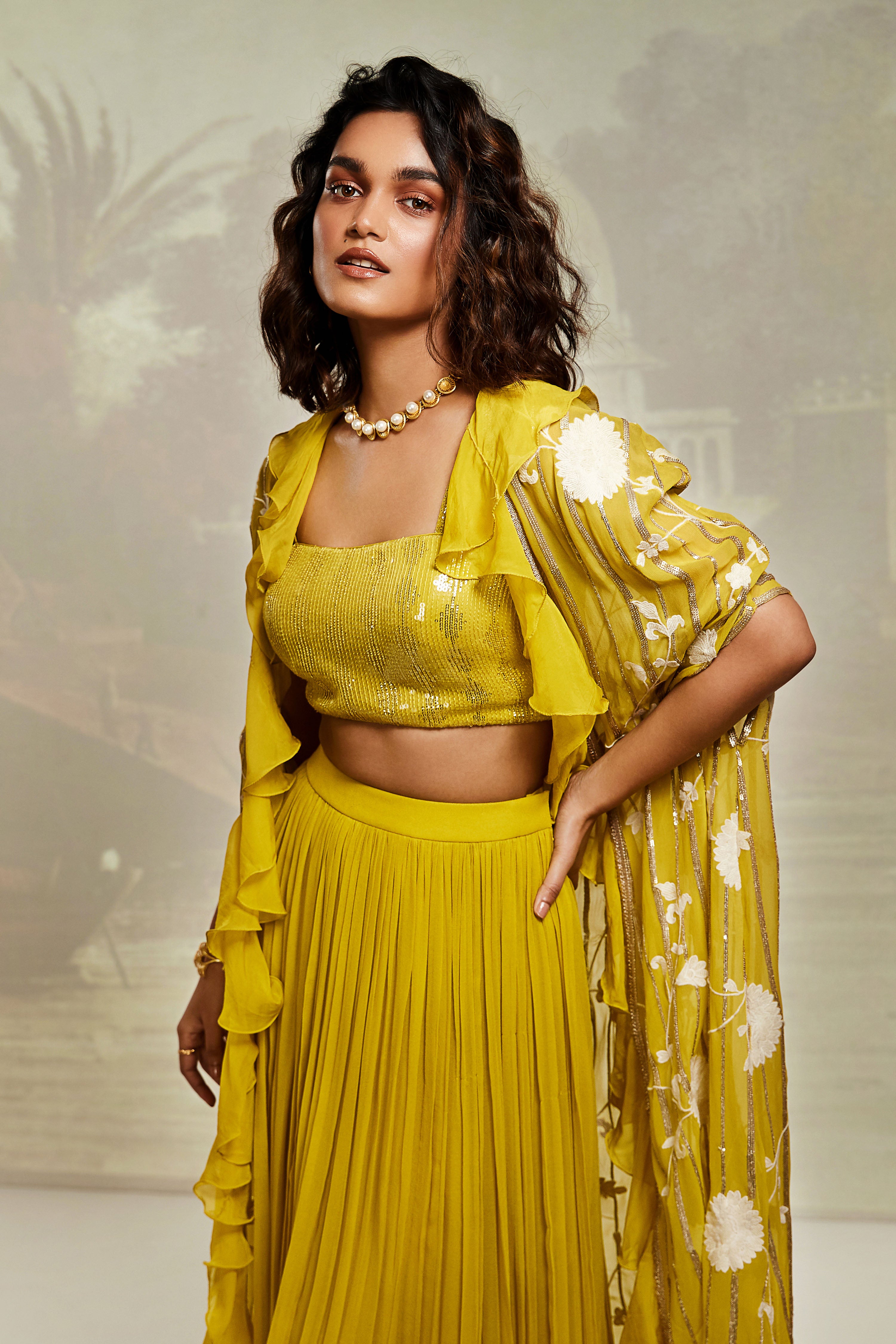 Lime Embroidered Cape Set