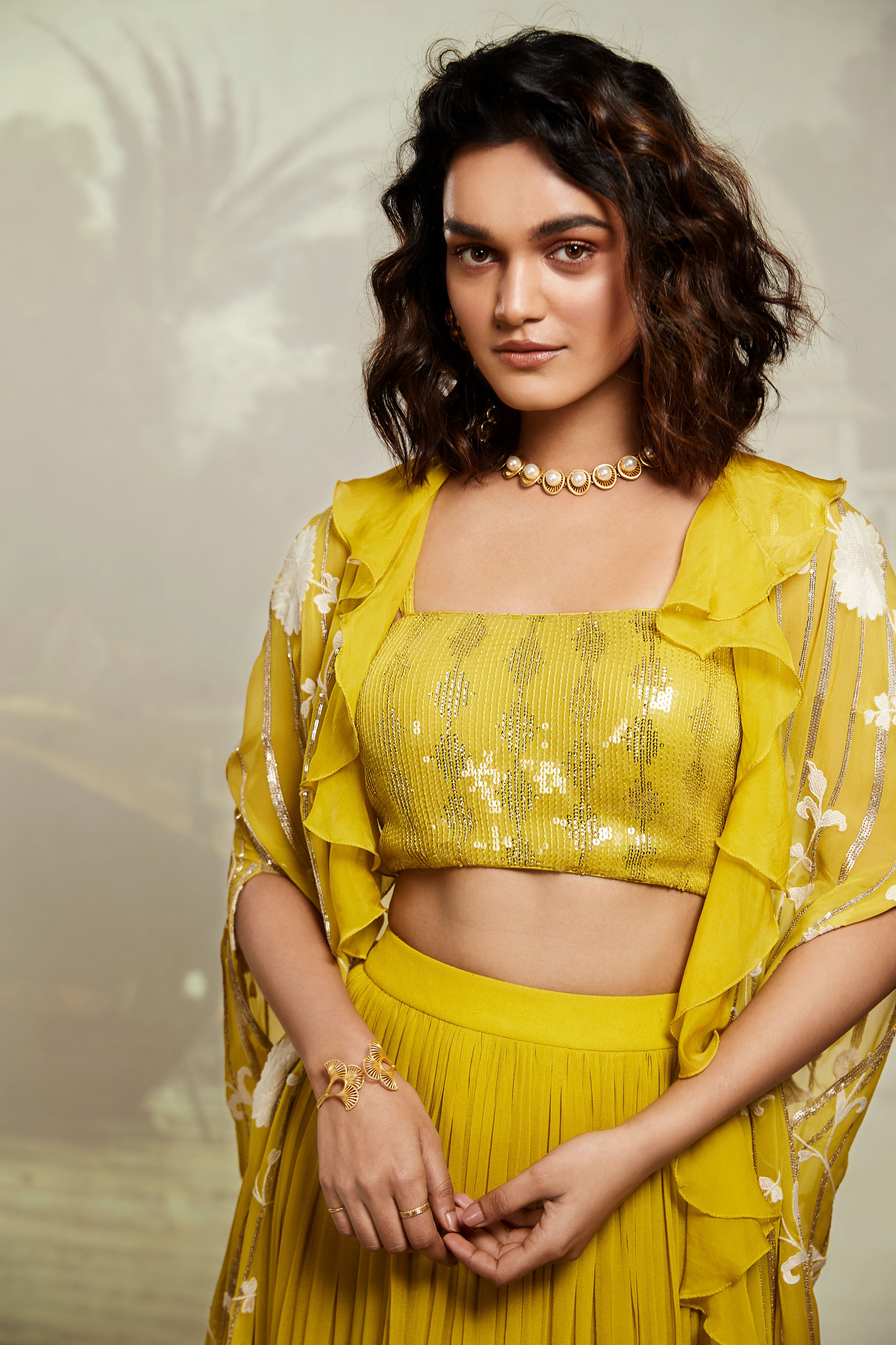 Lime Embroidered Cape Set