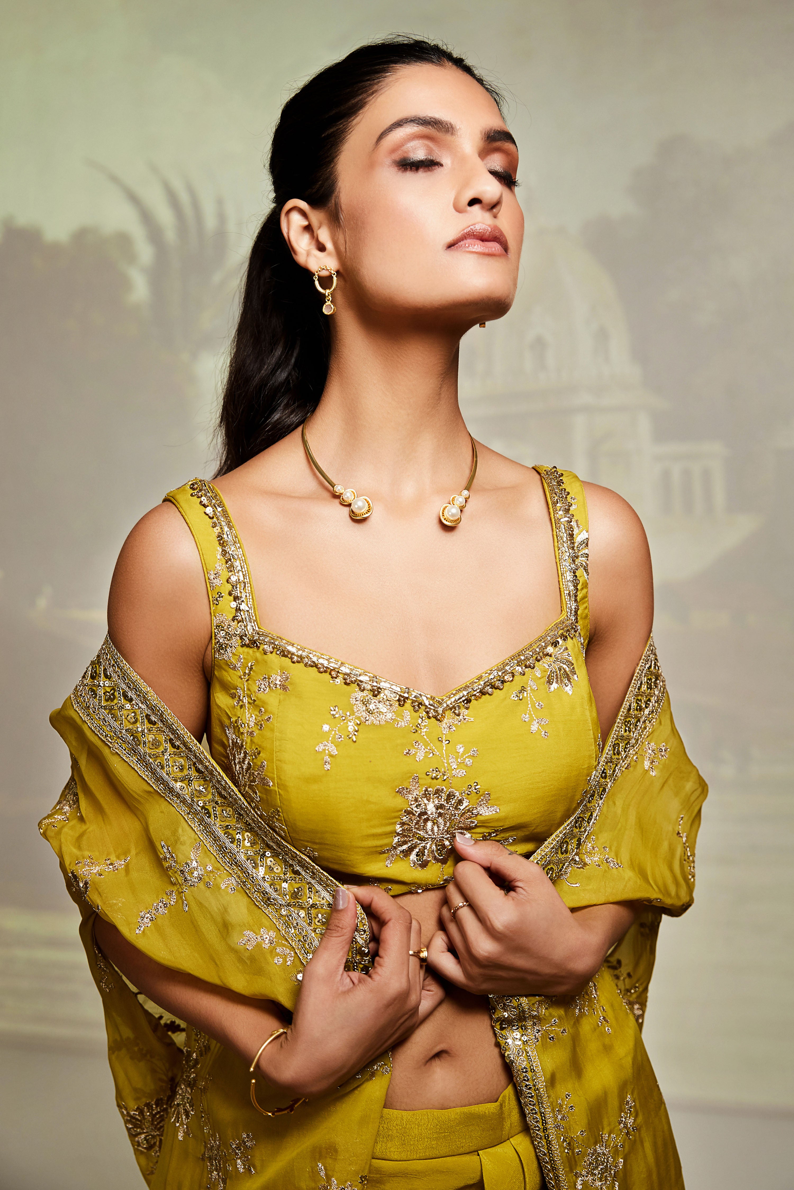 Yellow Embroidered Cape Set