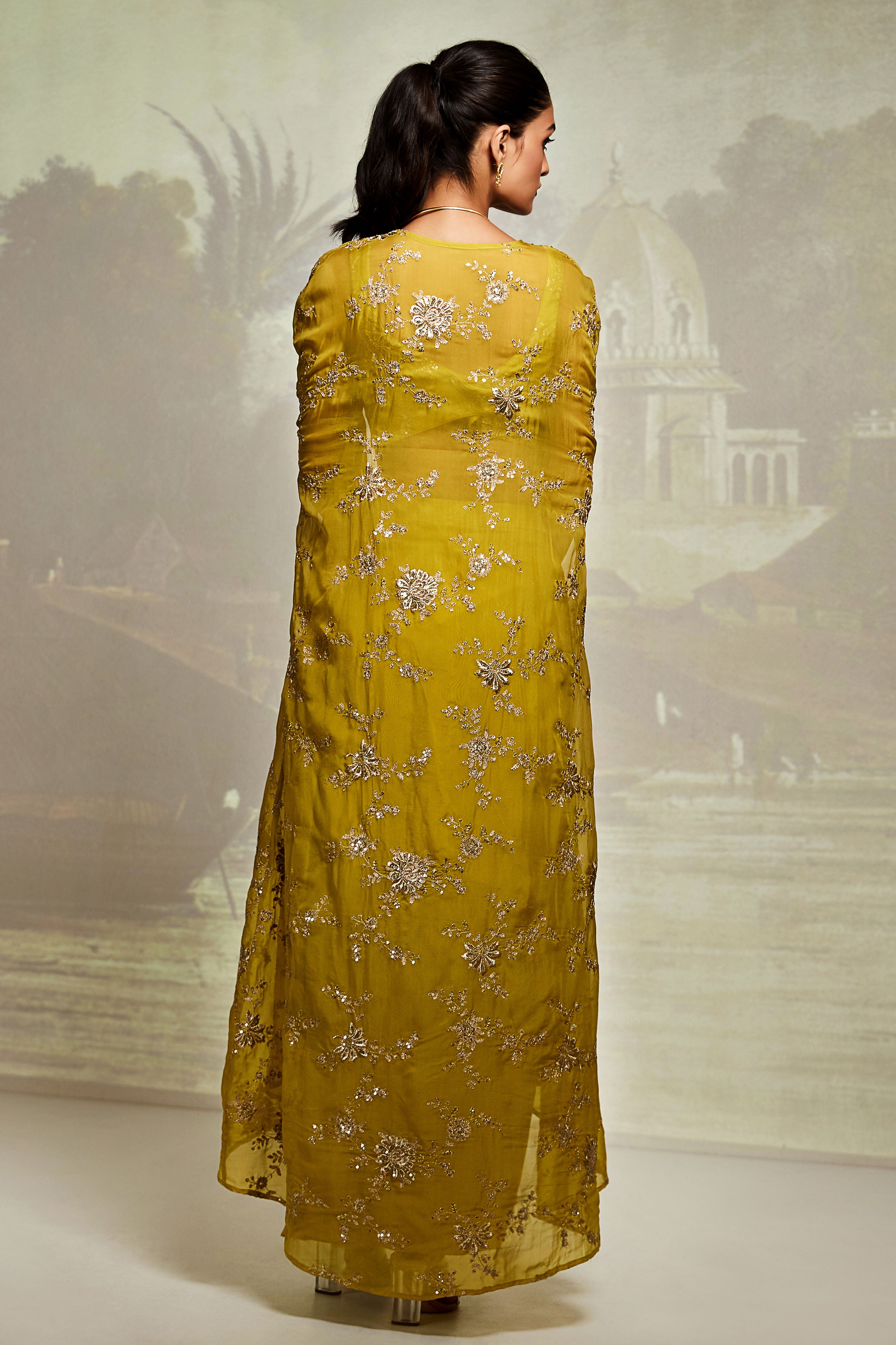 Yellow Embroidered Cape Set