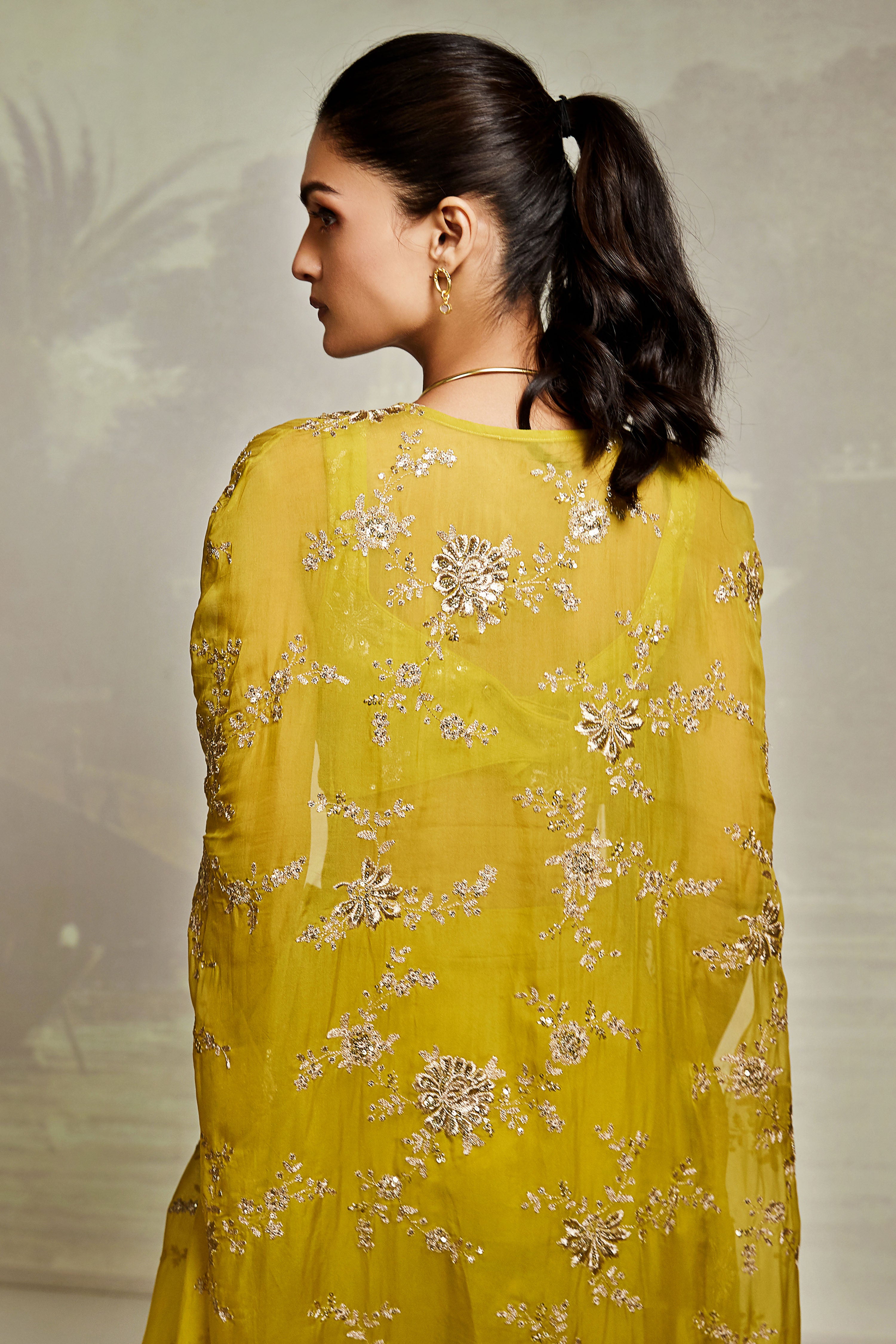 Yellow Embroidered Cape Set
