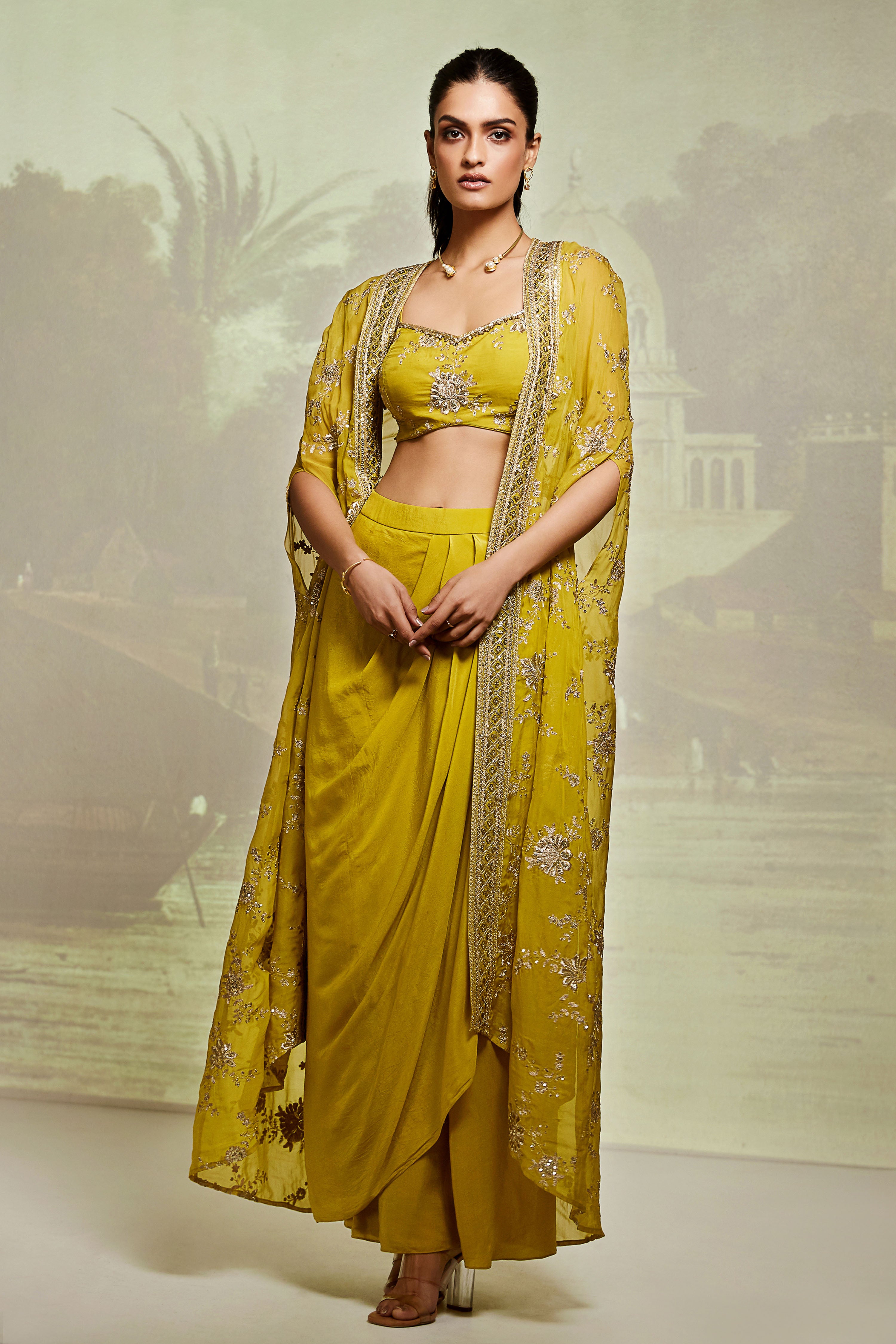 Yellow Embroidered Cape Set