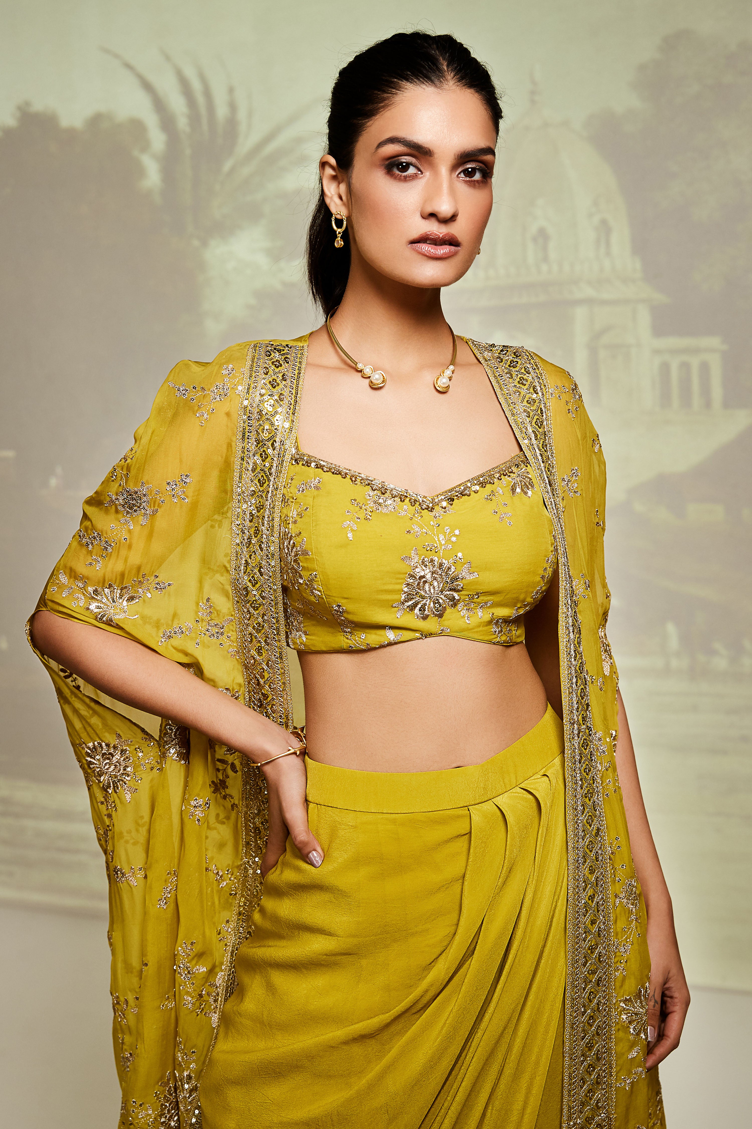 Yellow Embroidered Cape Set