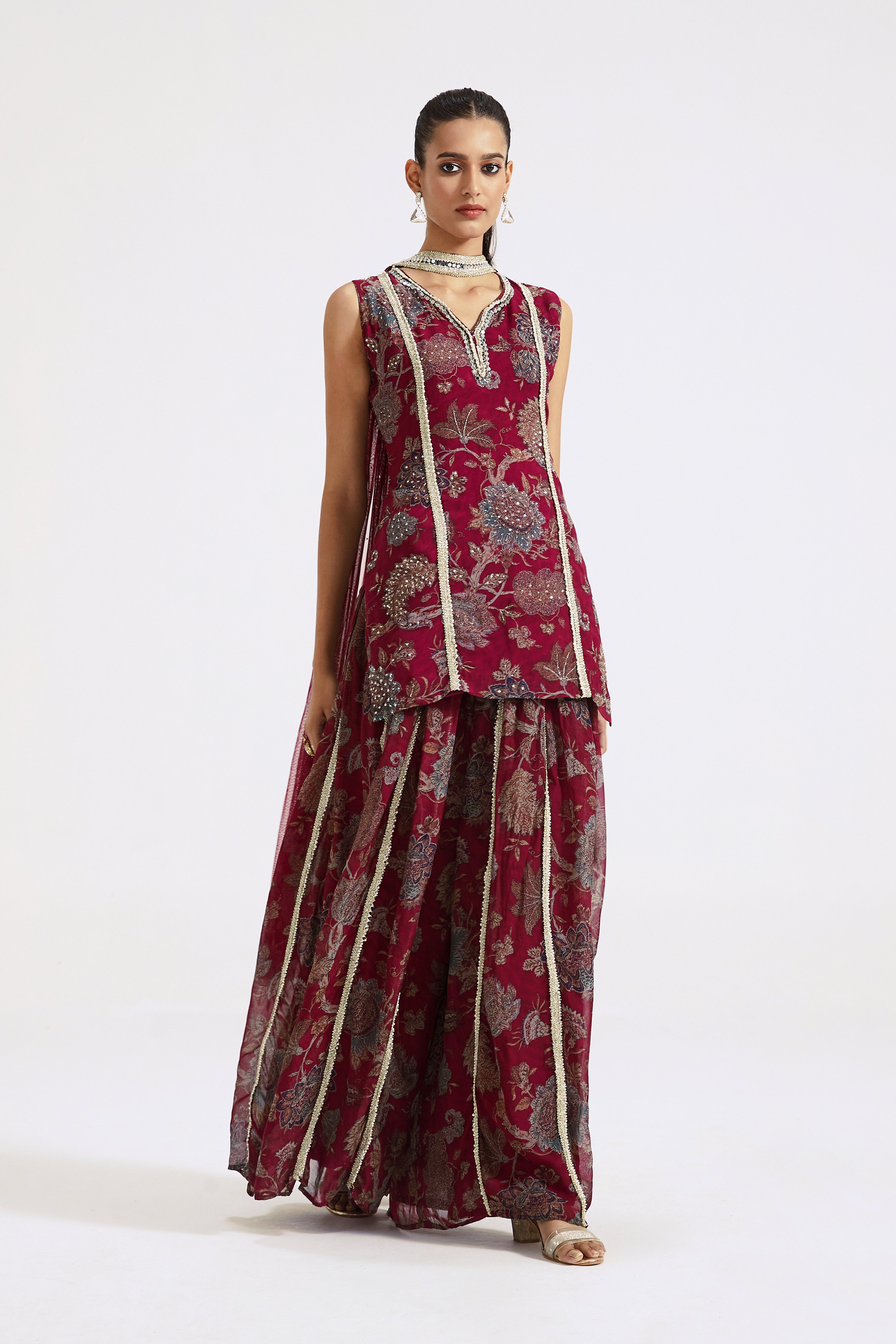 Wine Floral Sharara Set