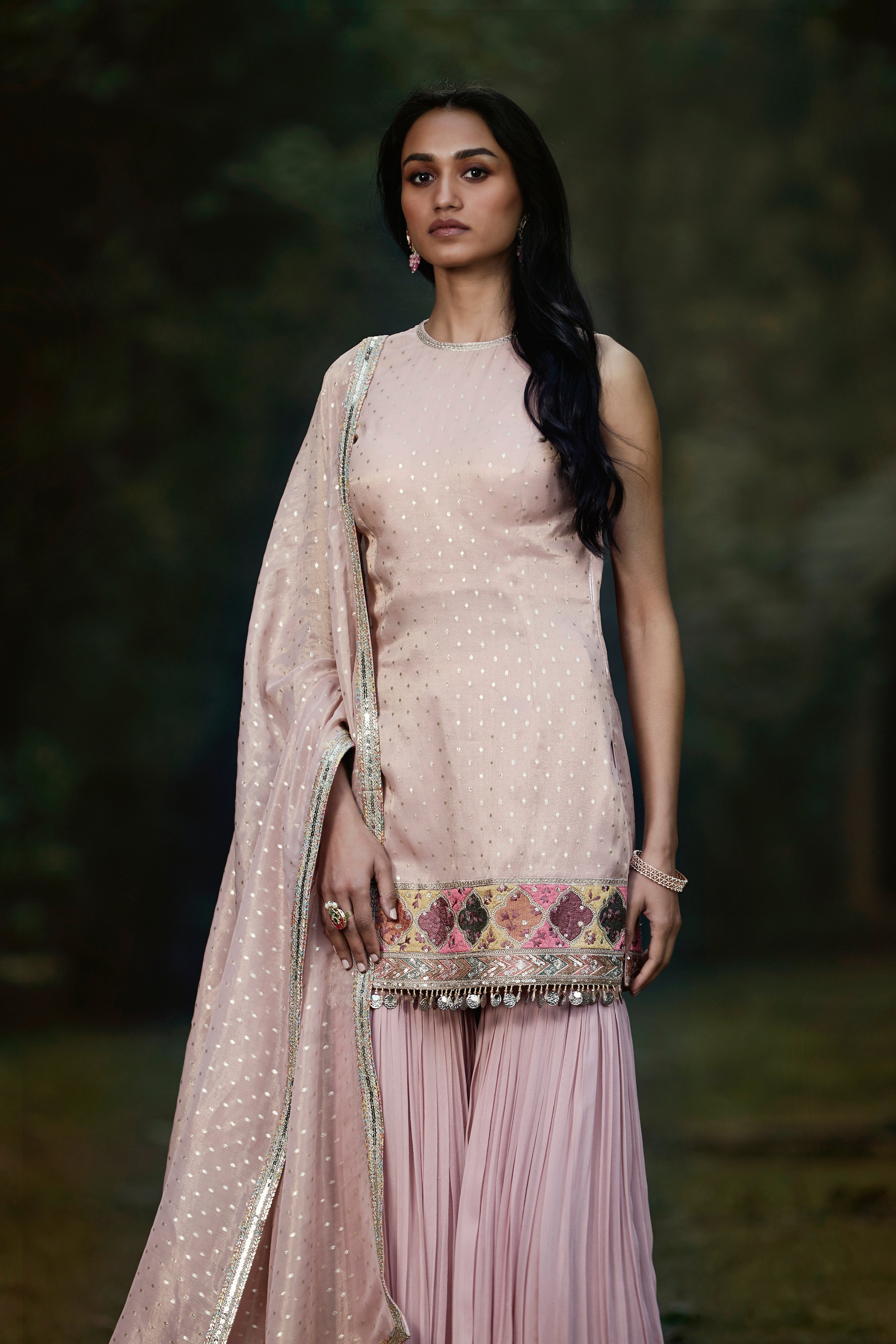 Pink Embroidered Tissue Sharara Set