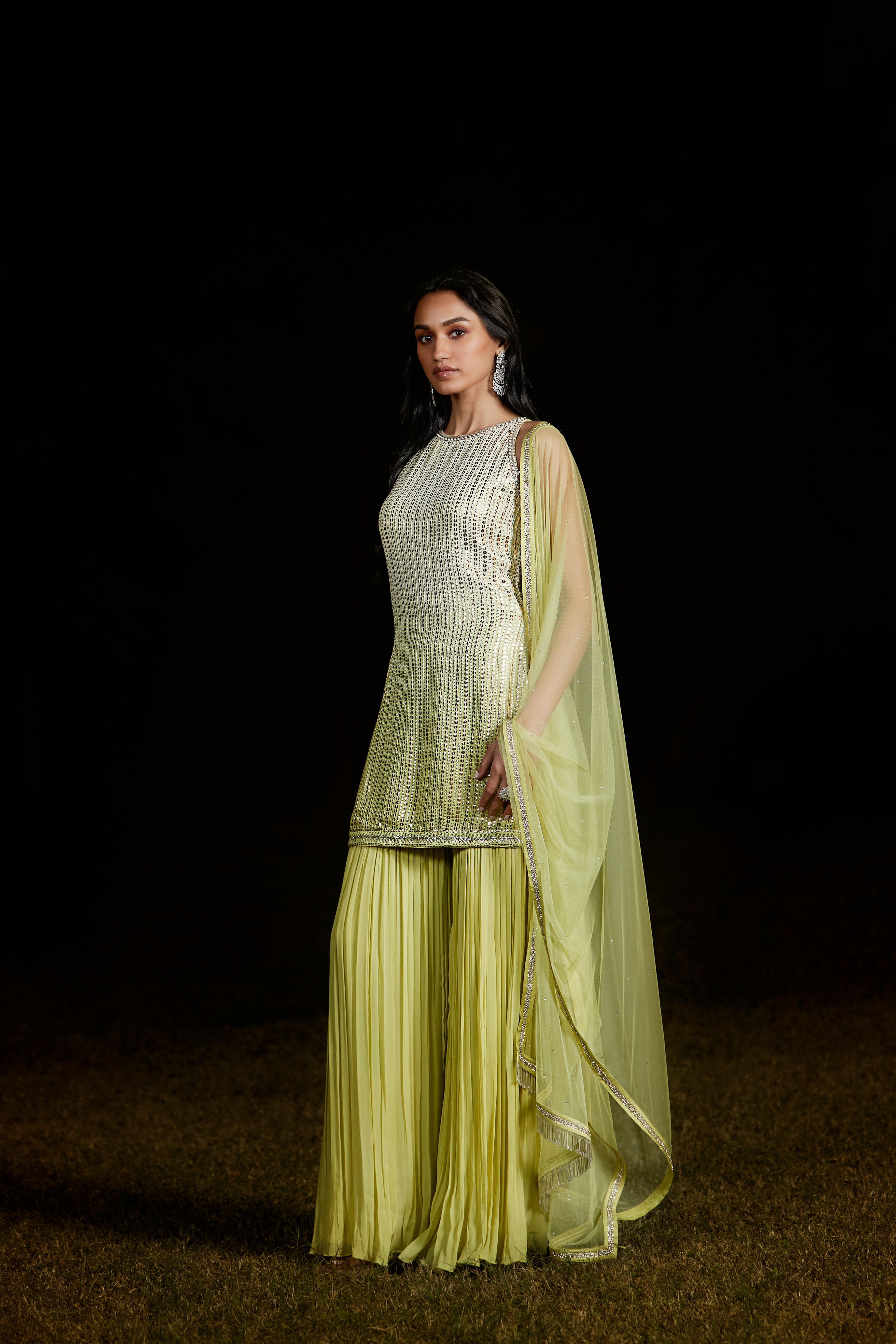 Lime Sequins Sharara Set