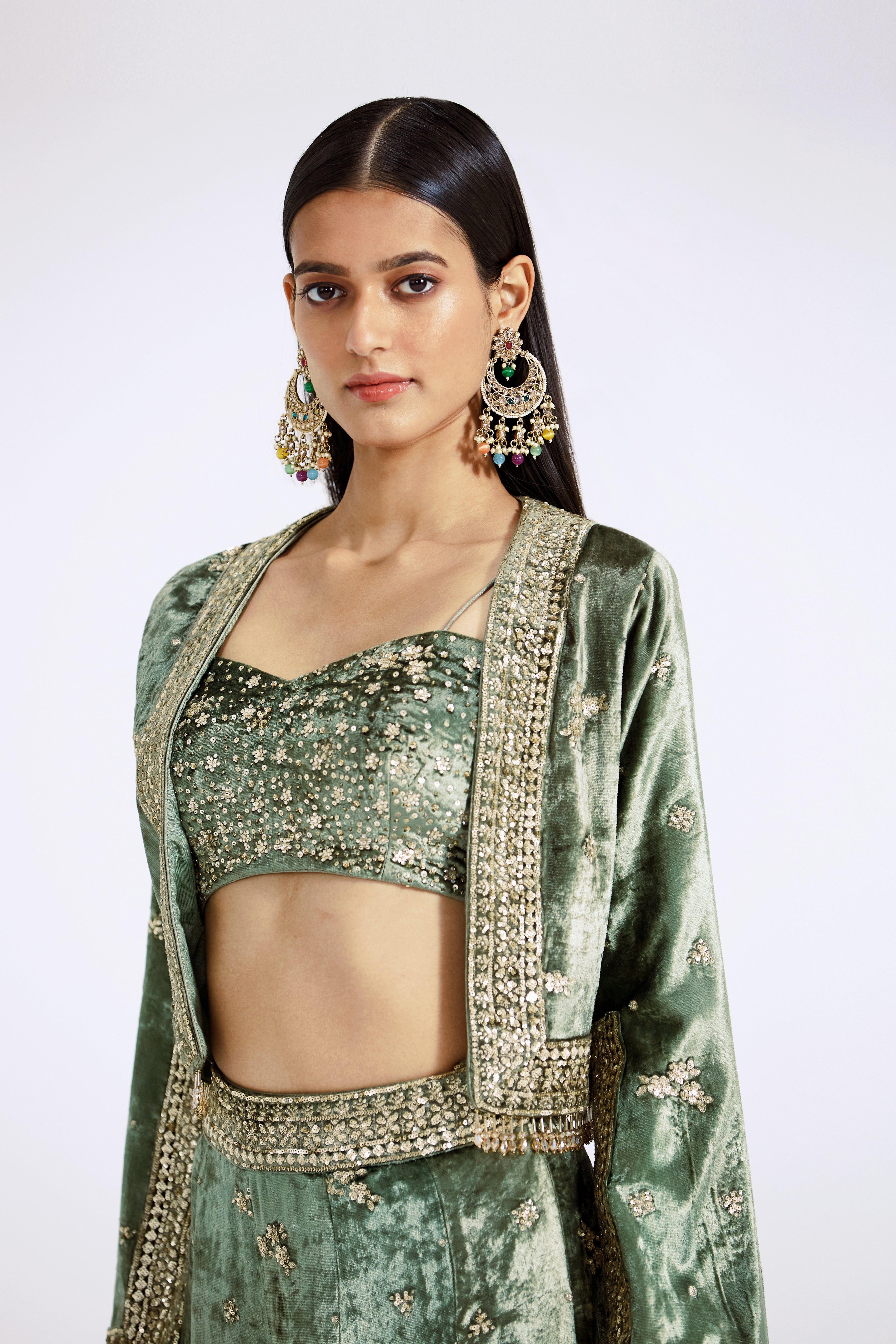 Green Velvet Jacket & Sharara Set