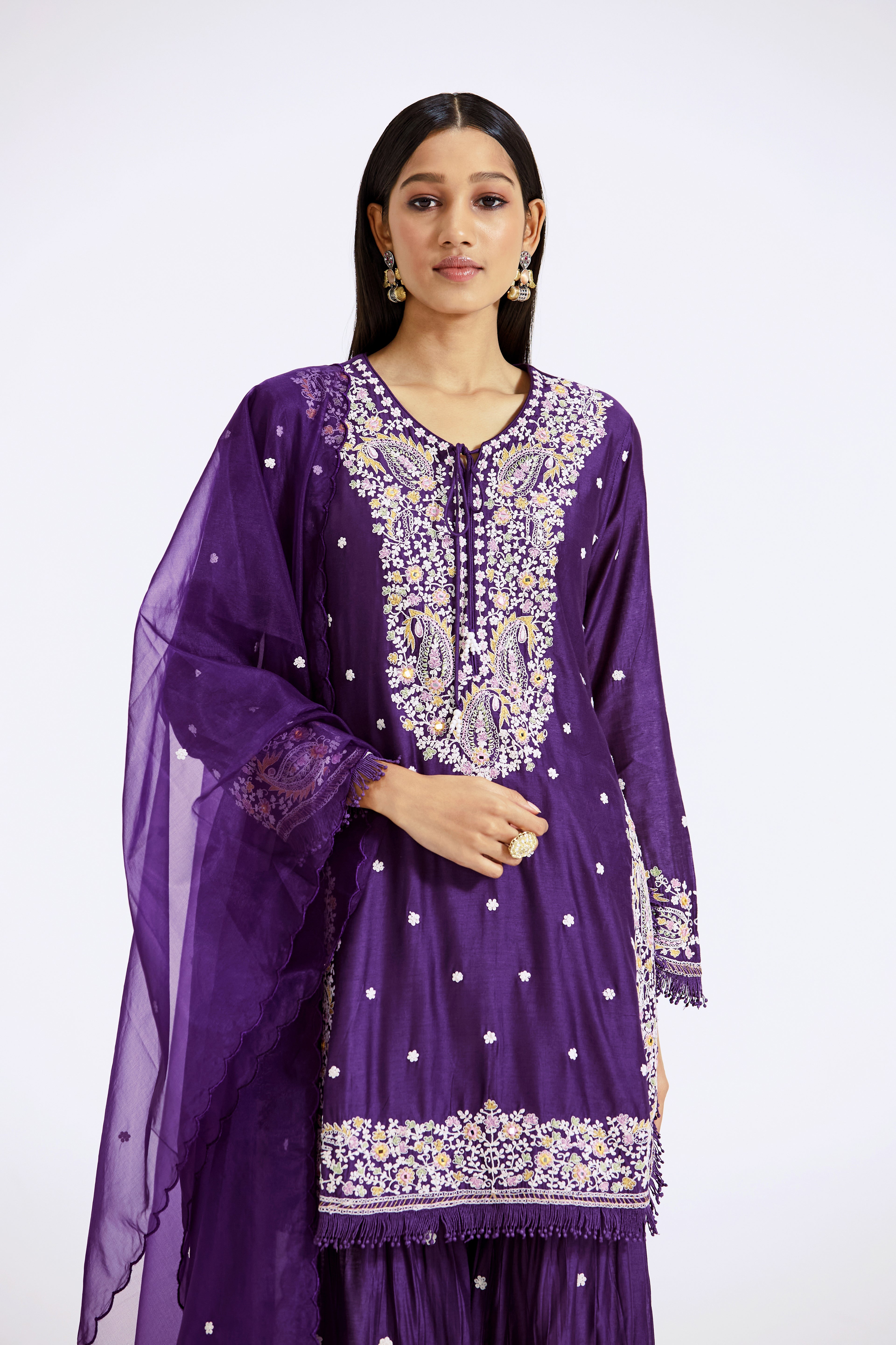 Purple Embroidered Kurta And Sharara Set