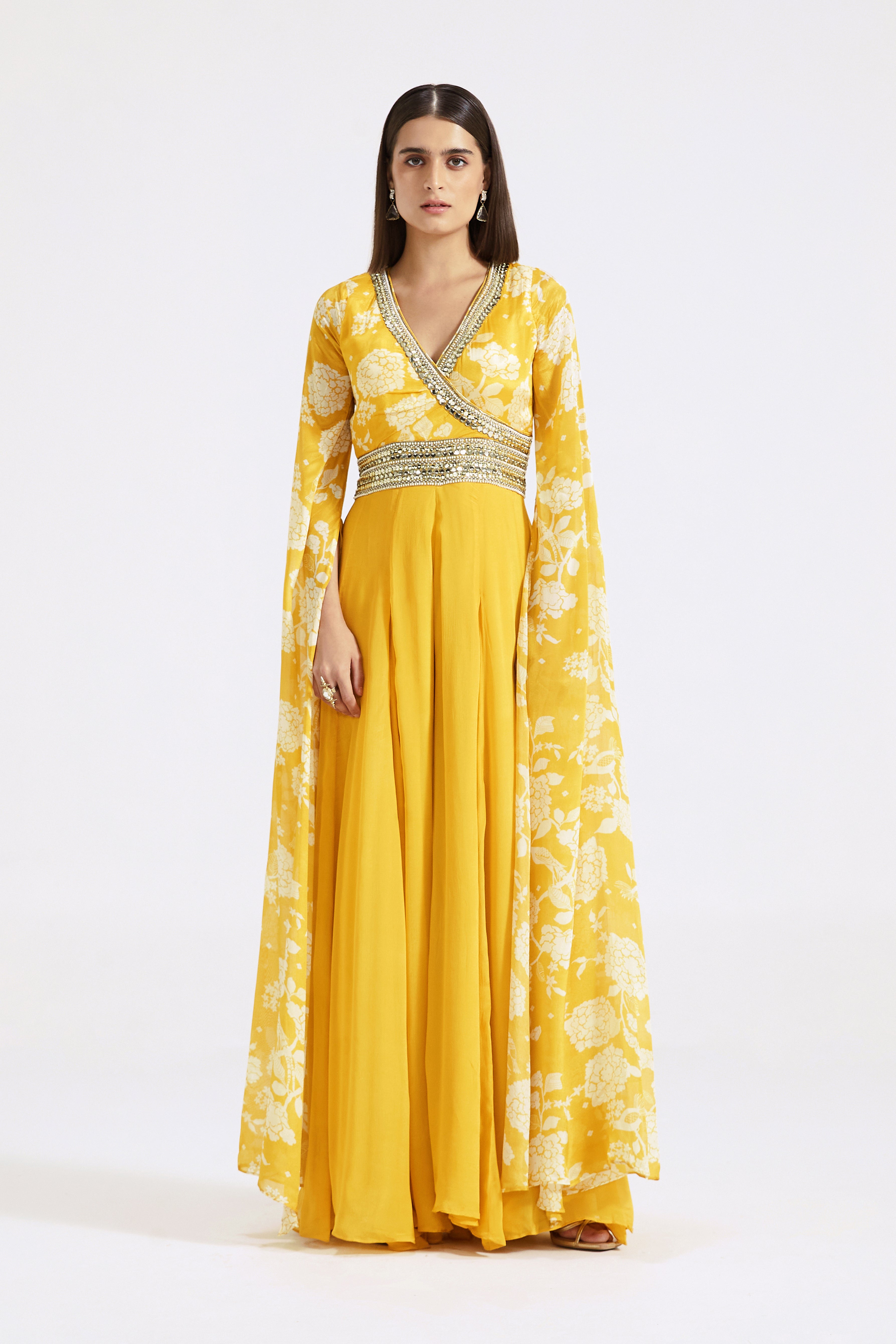 Yellow Jumpsuit with Cape Sleeves