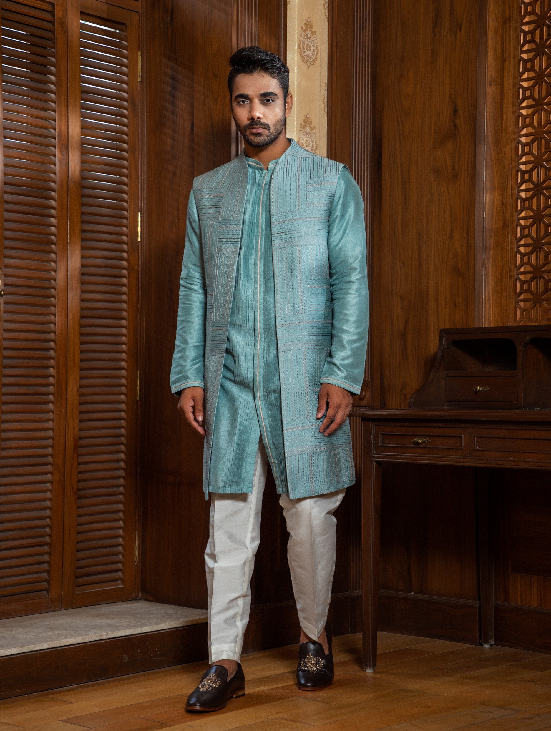 Blue Long Jacket with Kurta Set