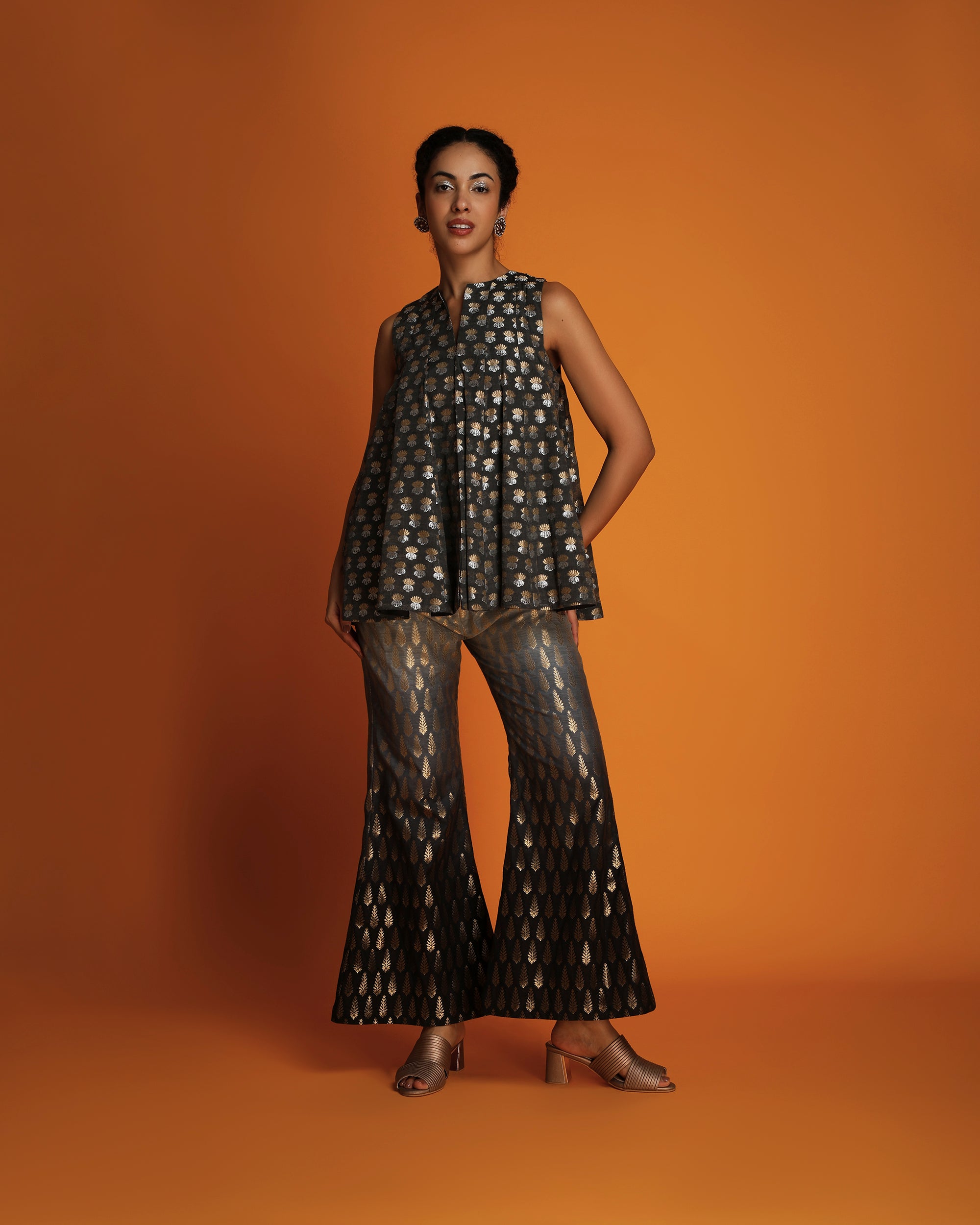 Charcoal grey brocade silk swing top