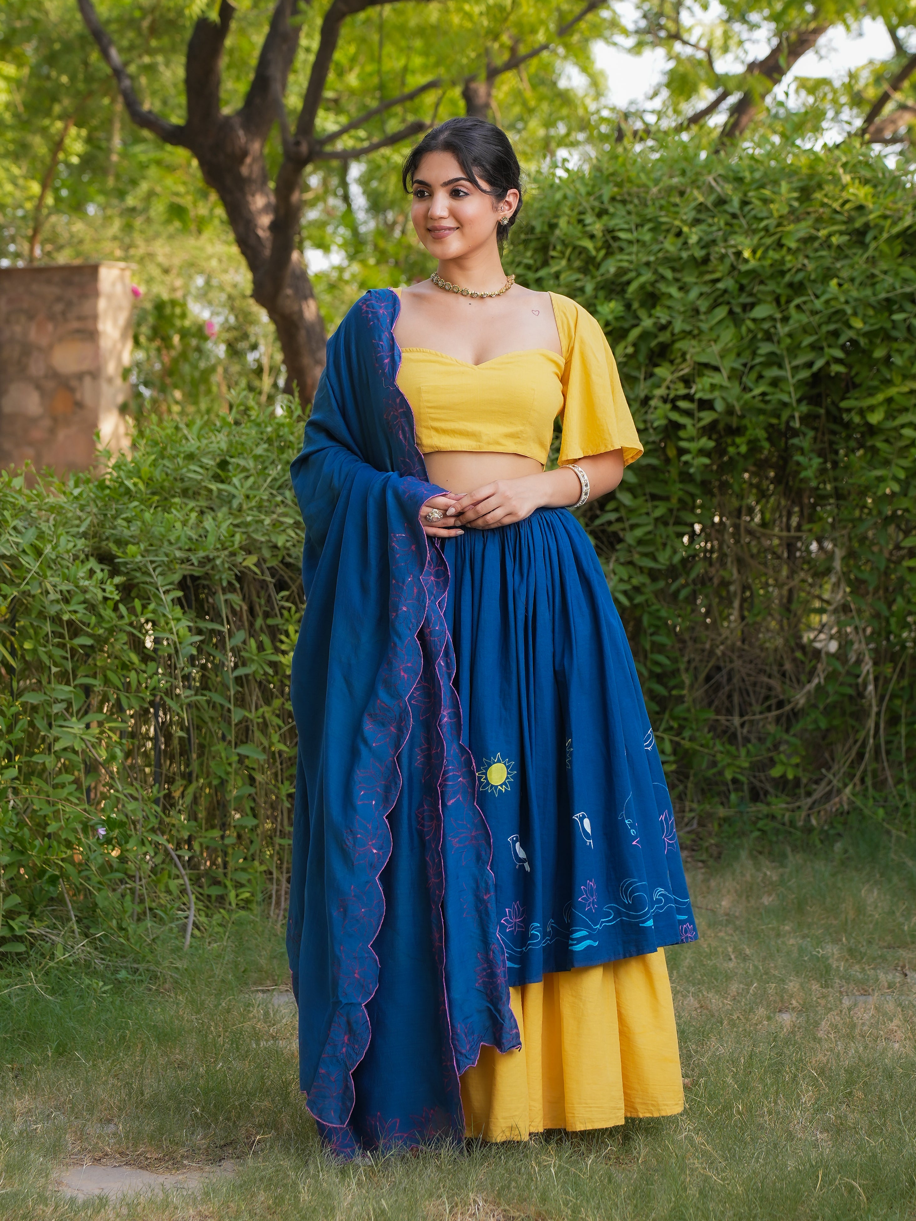 HANDPAINTED COTTON LEHENGA WITH BLOUSE AND DUPATTA
