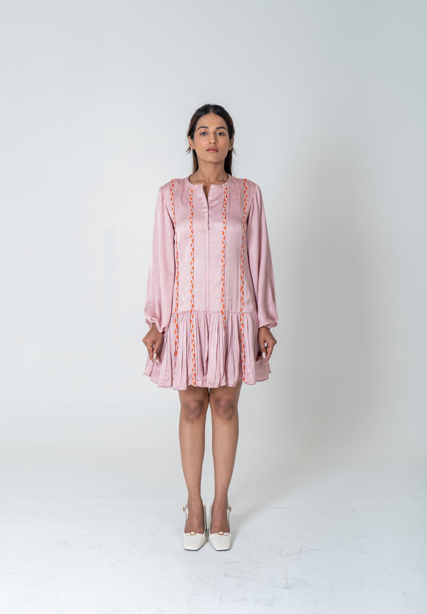 Pink-Orange Braided Short Gather Dress