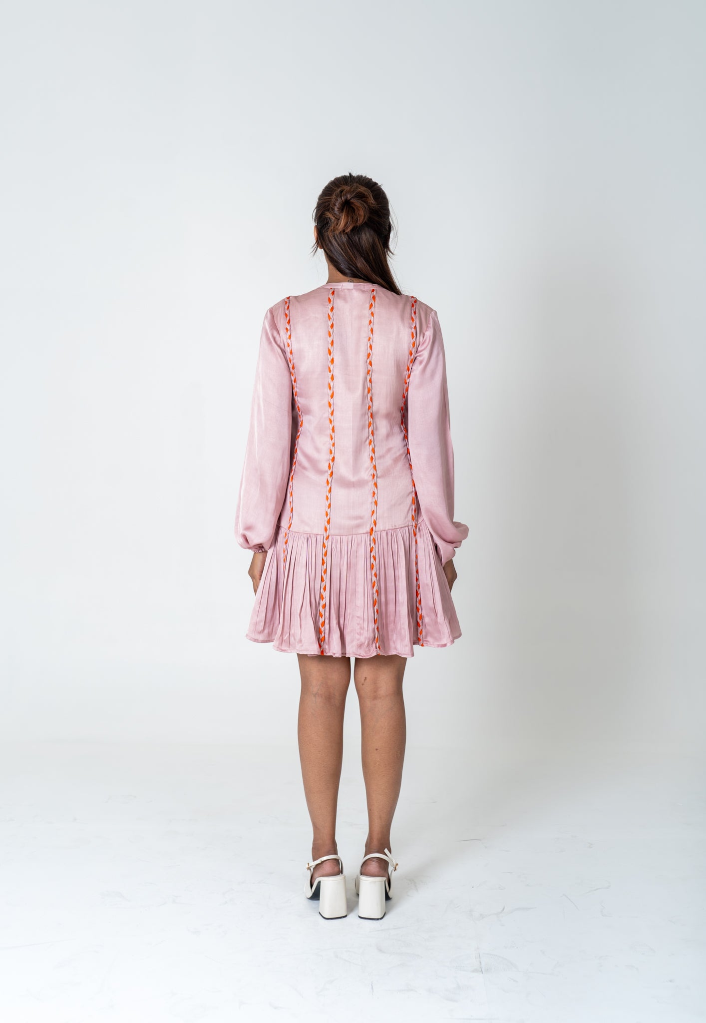 Pink-Orange Braided Short Gather Dress