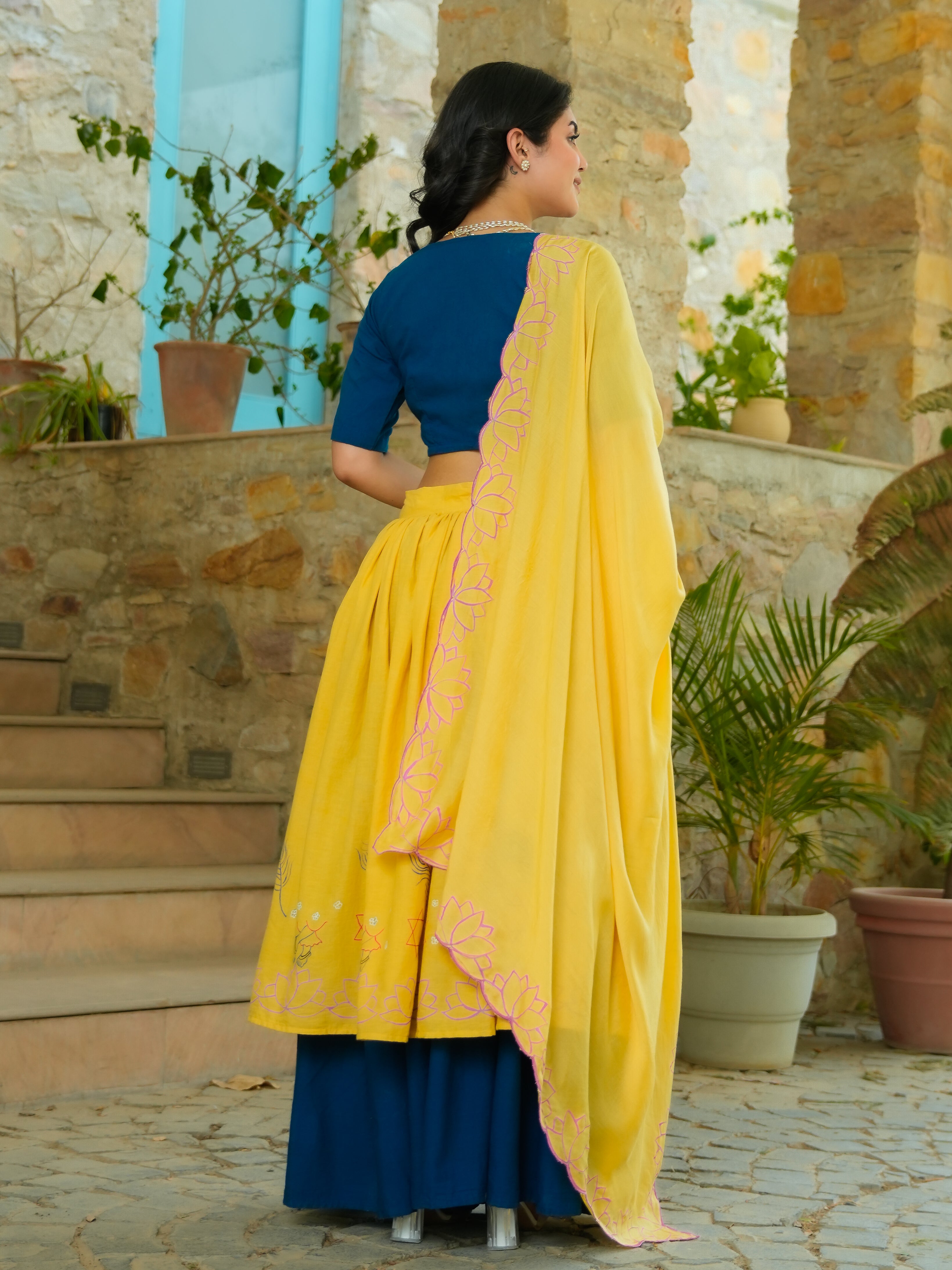 HANDPAINTED COTTON LEHENGA WITH BLOUSE AND DUPATTA