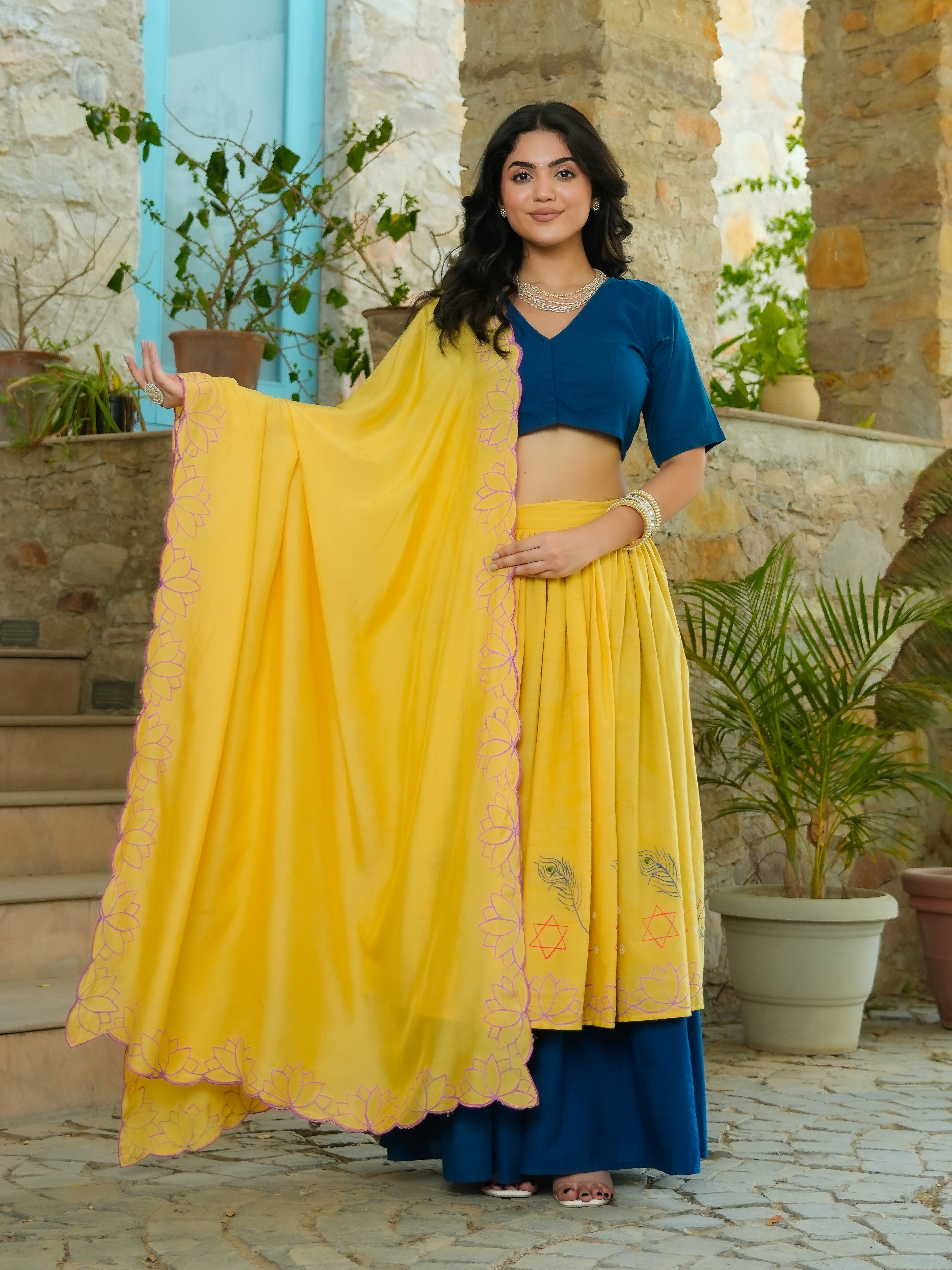 HANDPAINTED COTTON LEHENGA WITH BLOUSE AND DUPATTA