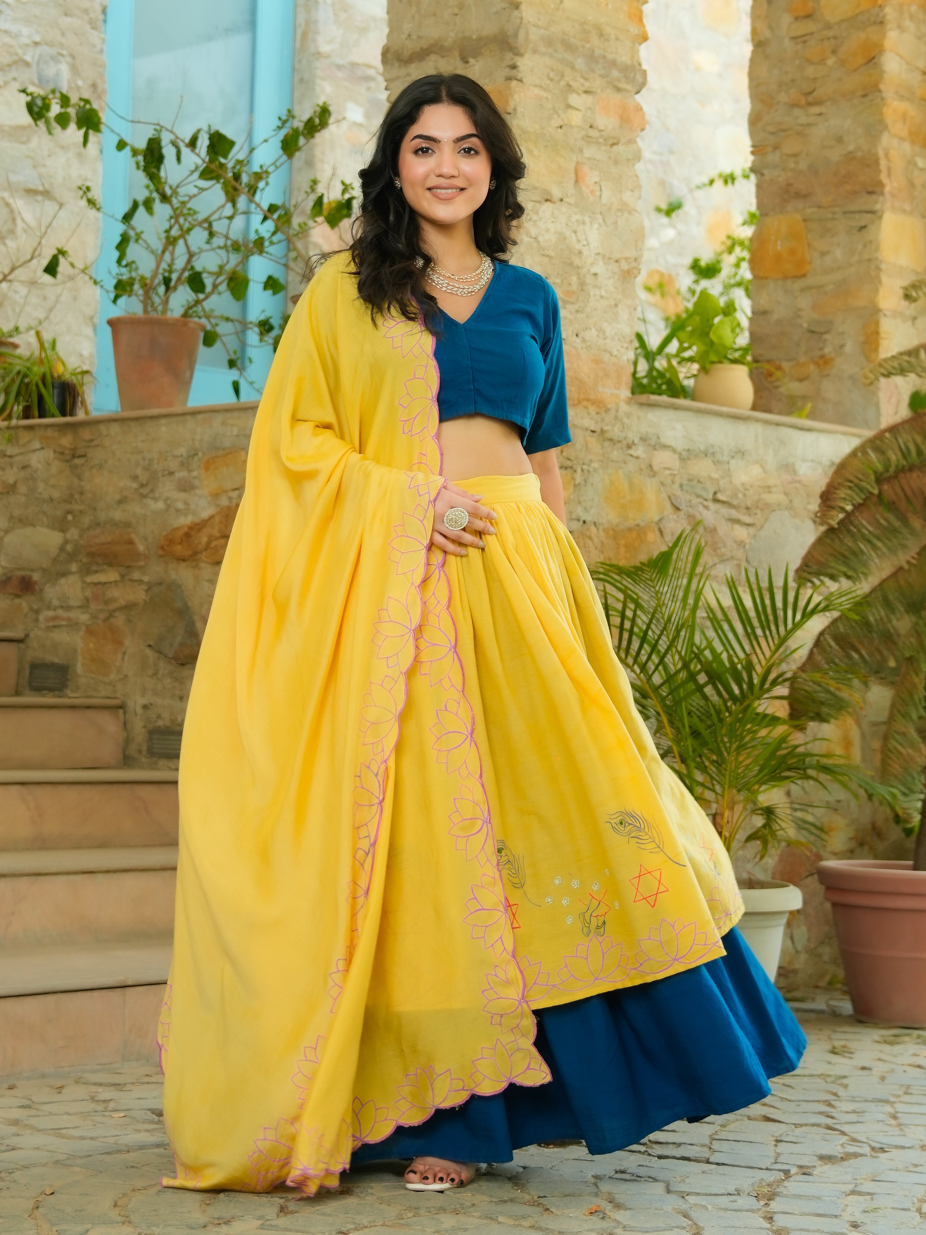 HANDPAINTED COTTON LEHENGA WITH BLOUSE AND DUPATTA