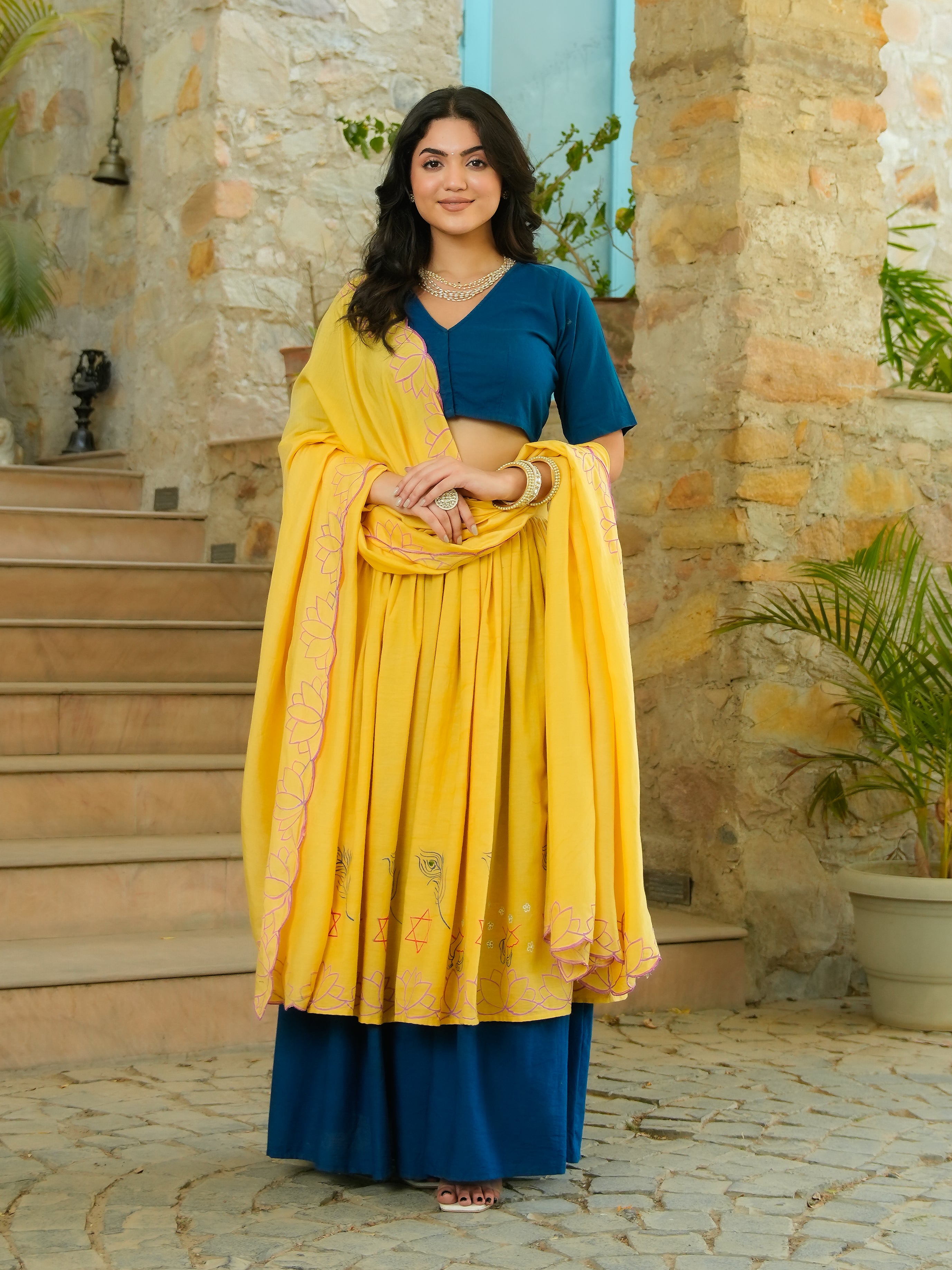 HANDPAINTED COTTON LEHENGA WITH BLOUSE AND DUPATTA