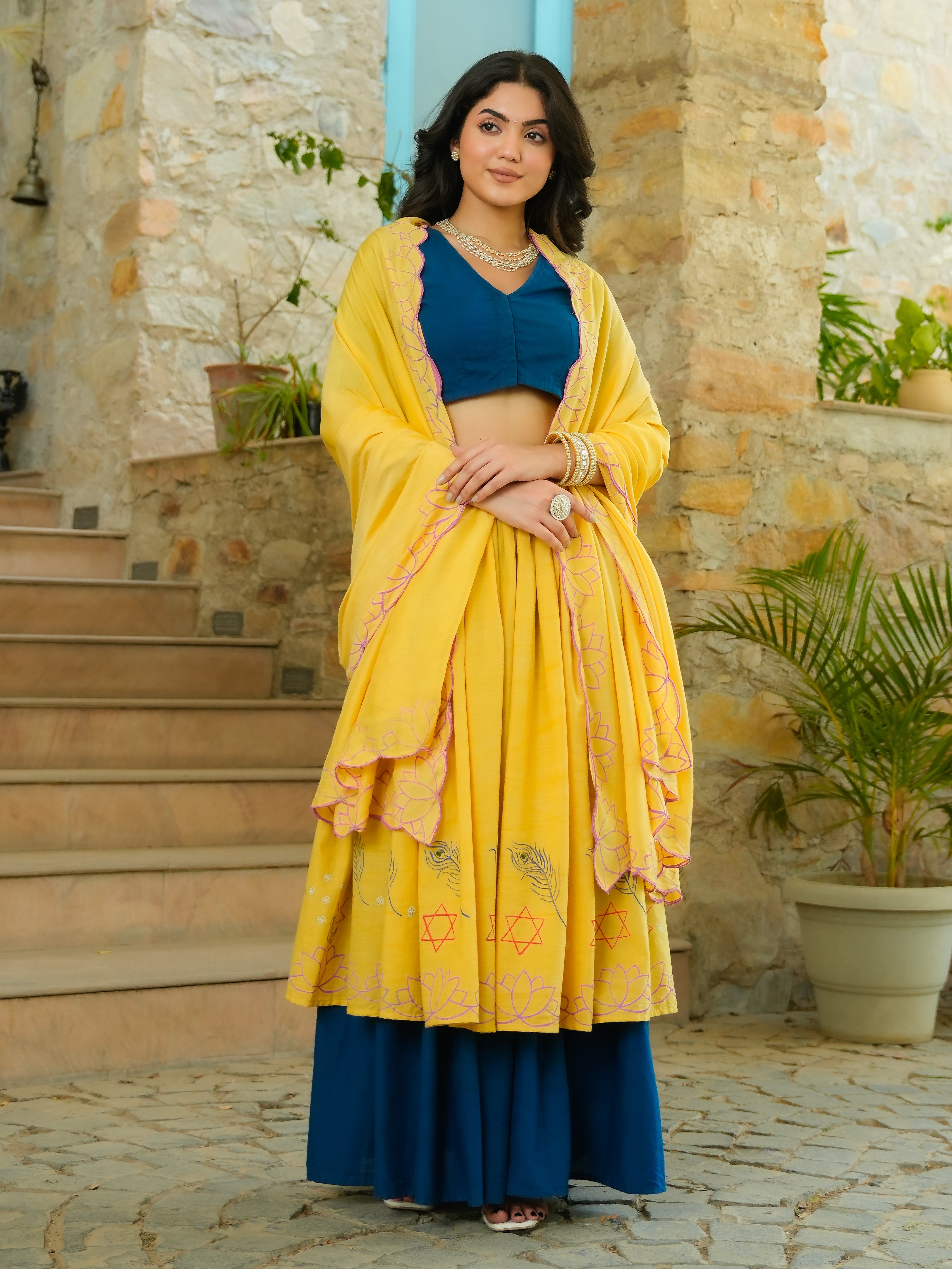 HANDPAINTED COTTON LEHENGA WITH BLOUSE AND DUPATTA