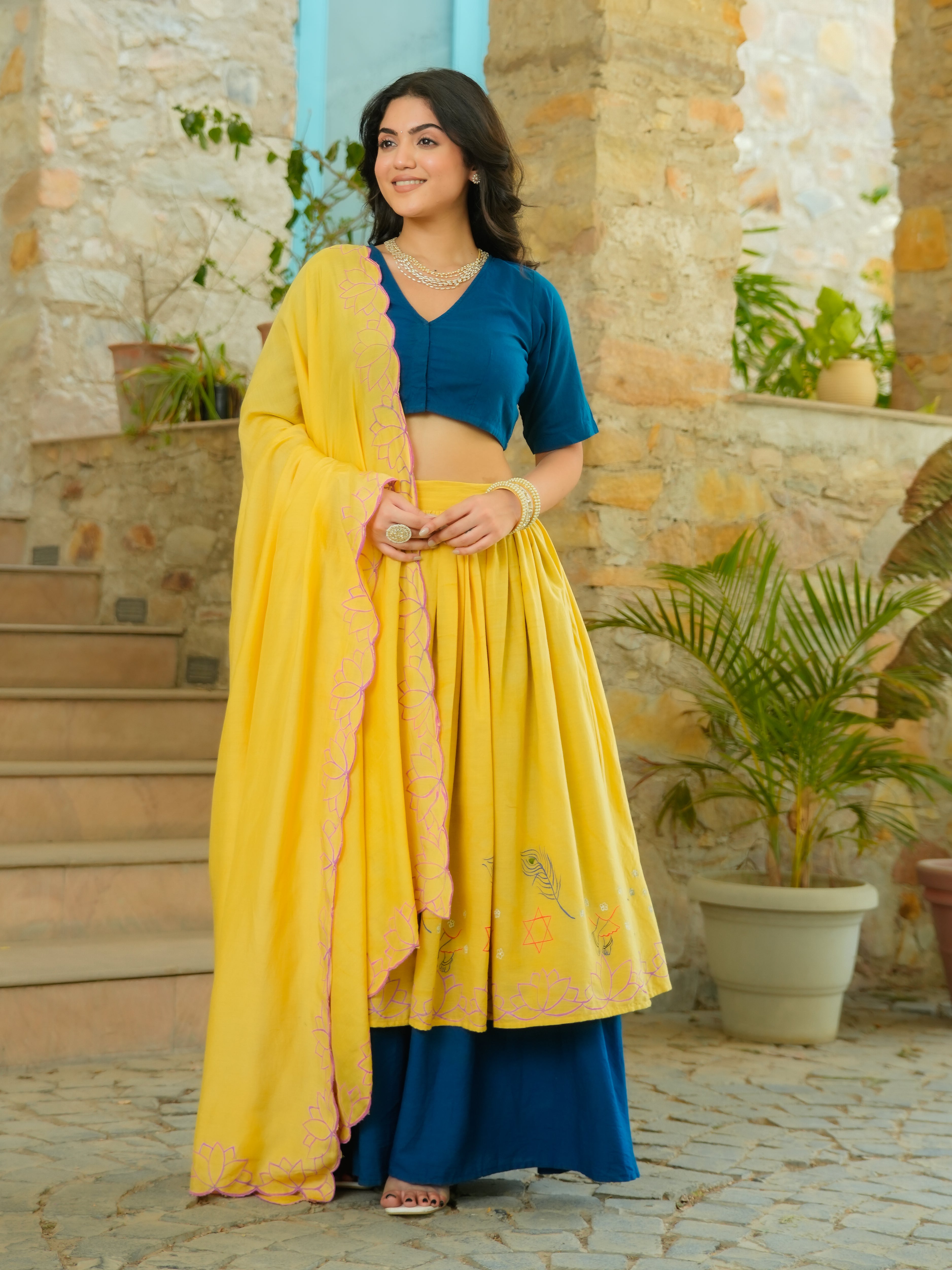 HANDPAINTED COTTON LEHENGA WITH BLOUSE AND DUPATTA