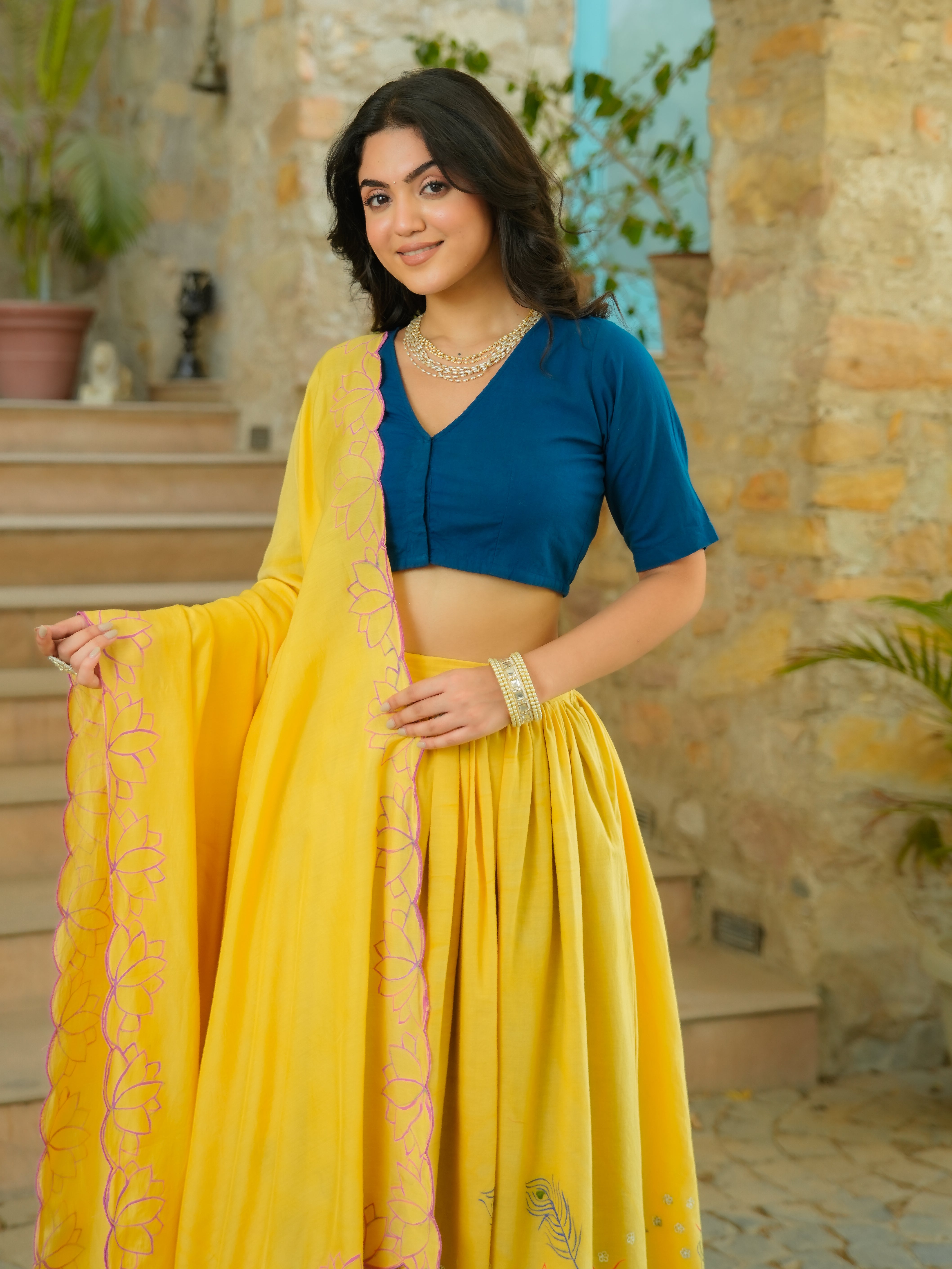 HANDPAINTED COTTON LEHENGA WITH BLOUSE AND DUPATTA