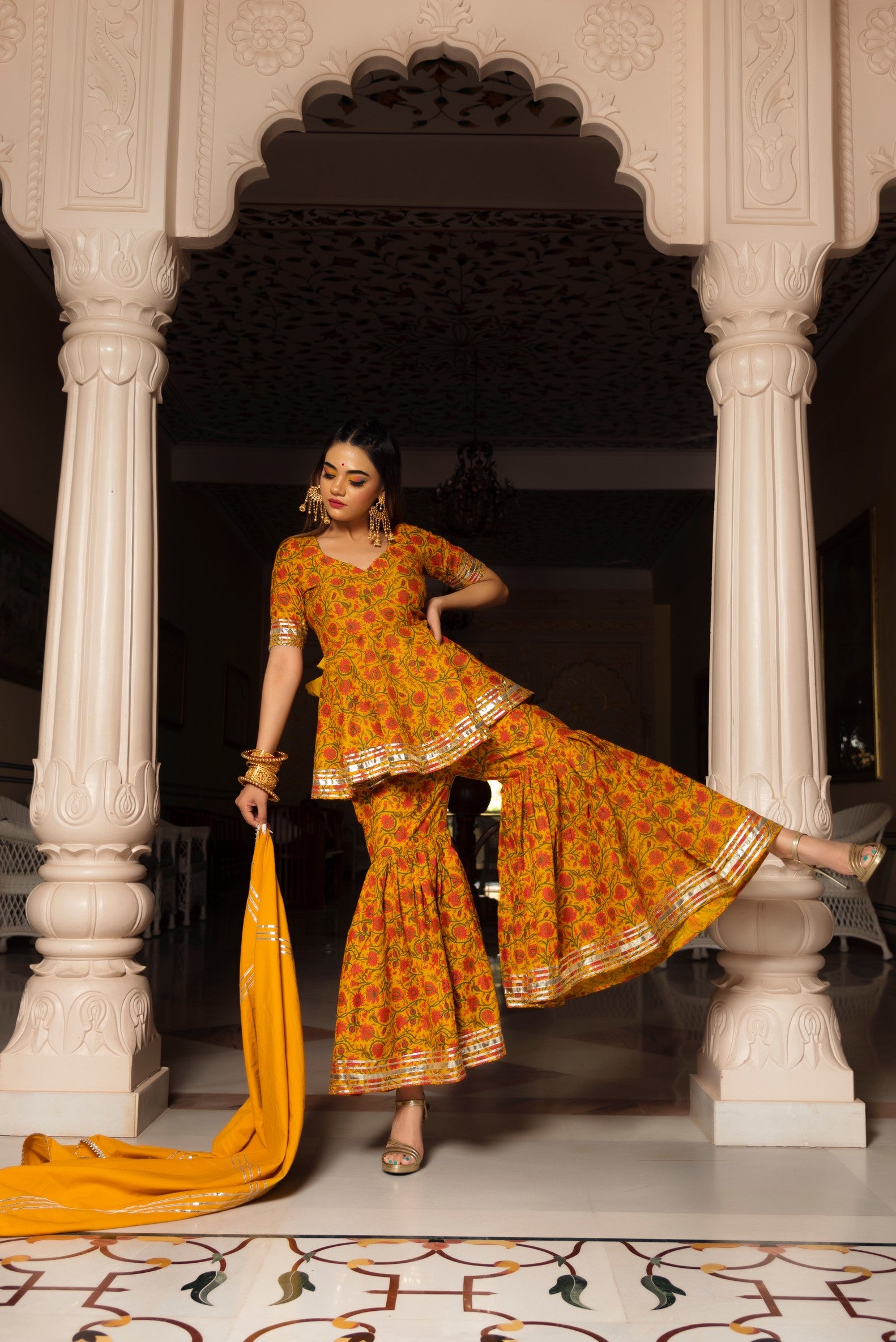 DARPAN MUSTARD YELLOW HAND BLOCK COTTON SHARARA SET