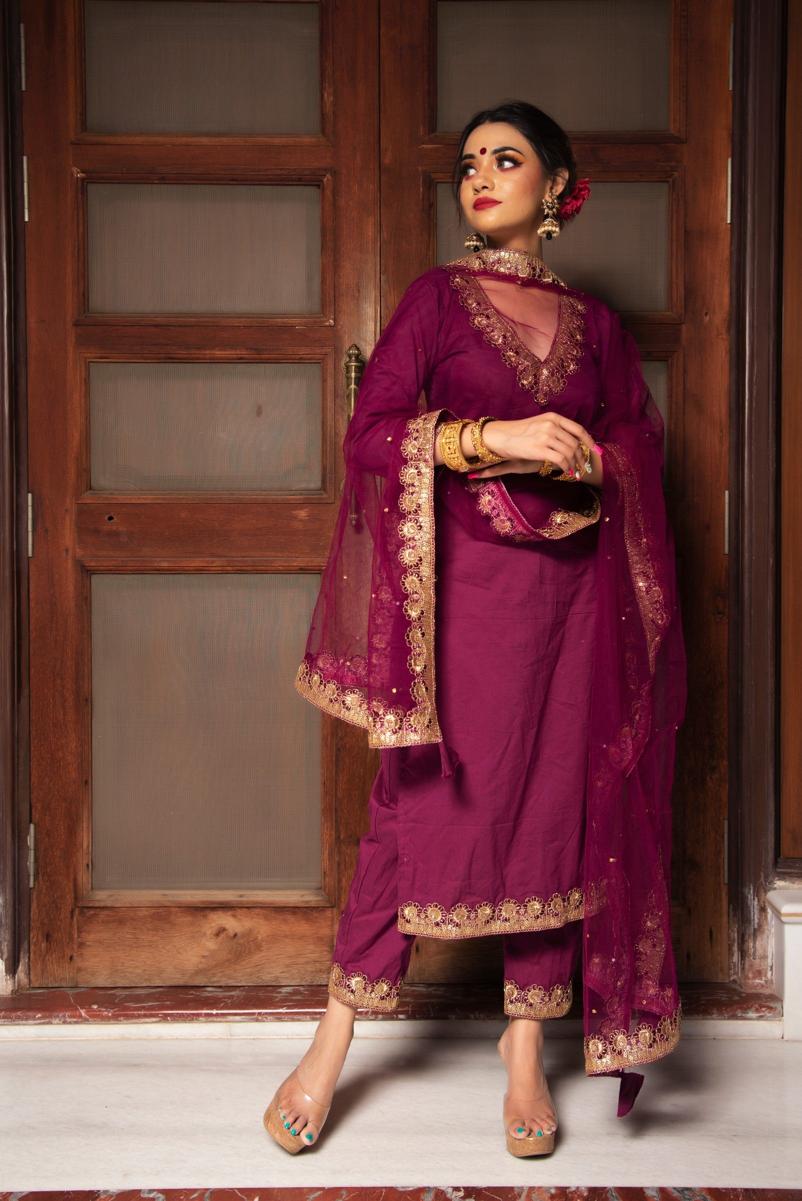 PLUM COTTON STRAIGHT KURTA SET.
