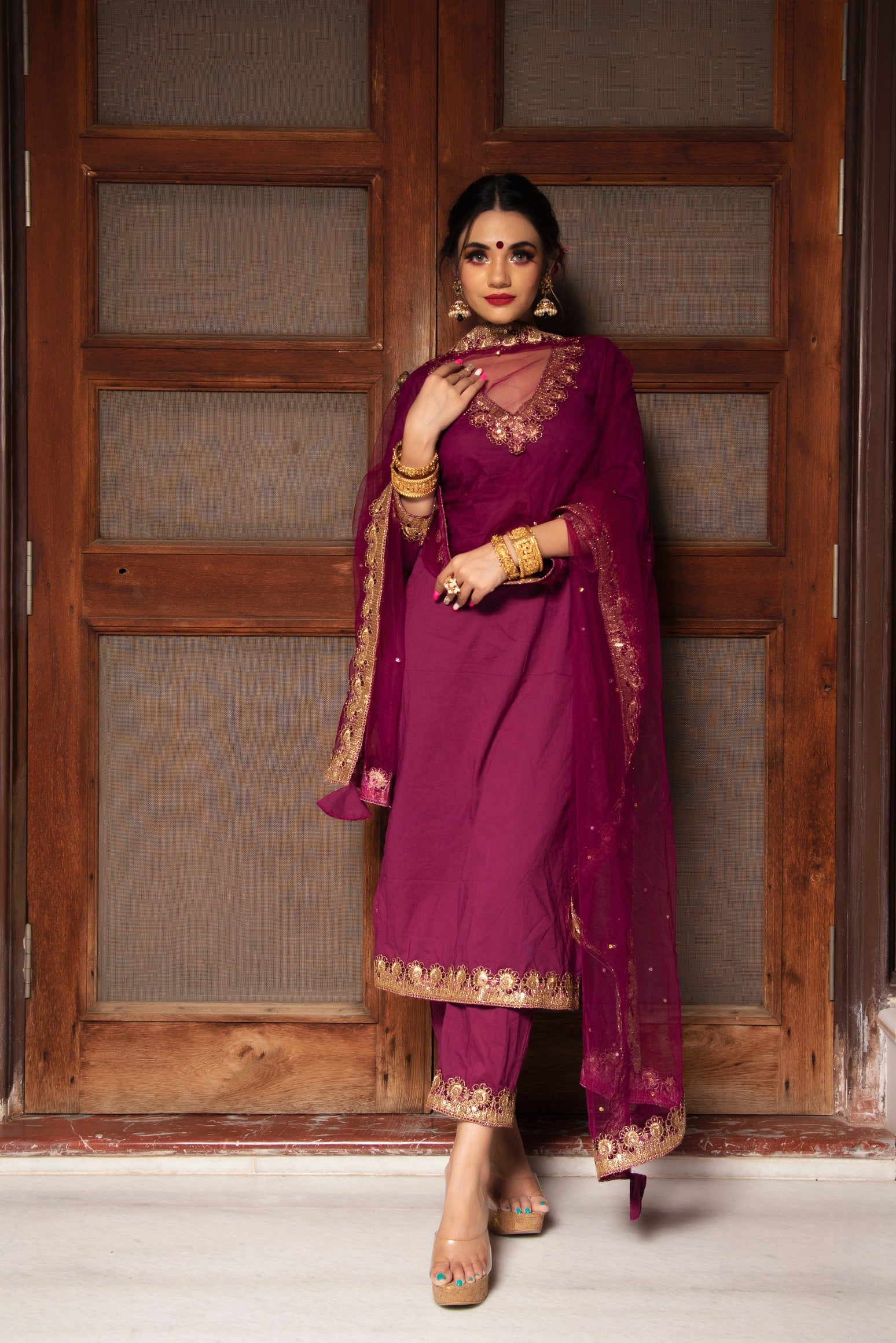 PLUM COTTON STRAIGHT KURTA SET.