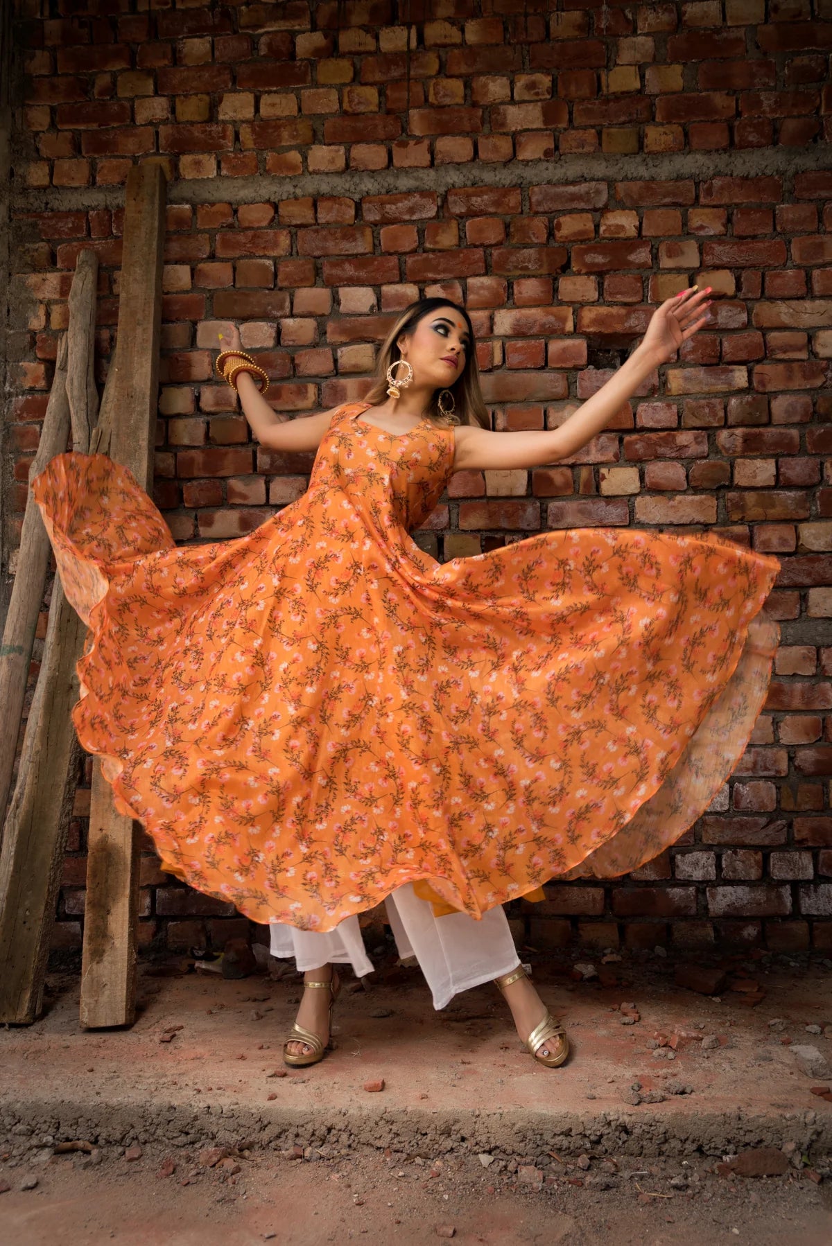 ORANGE PRINTED MODAL ANRAKALI SET
