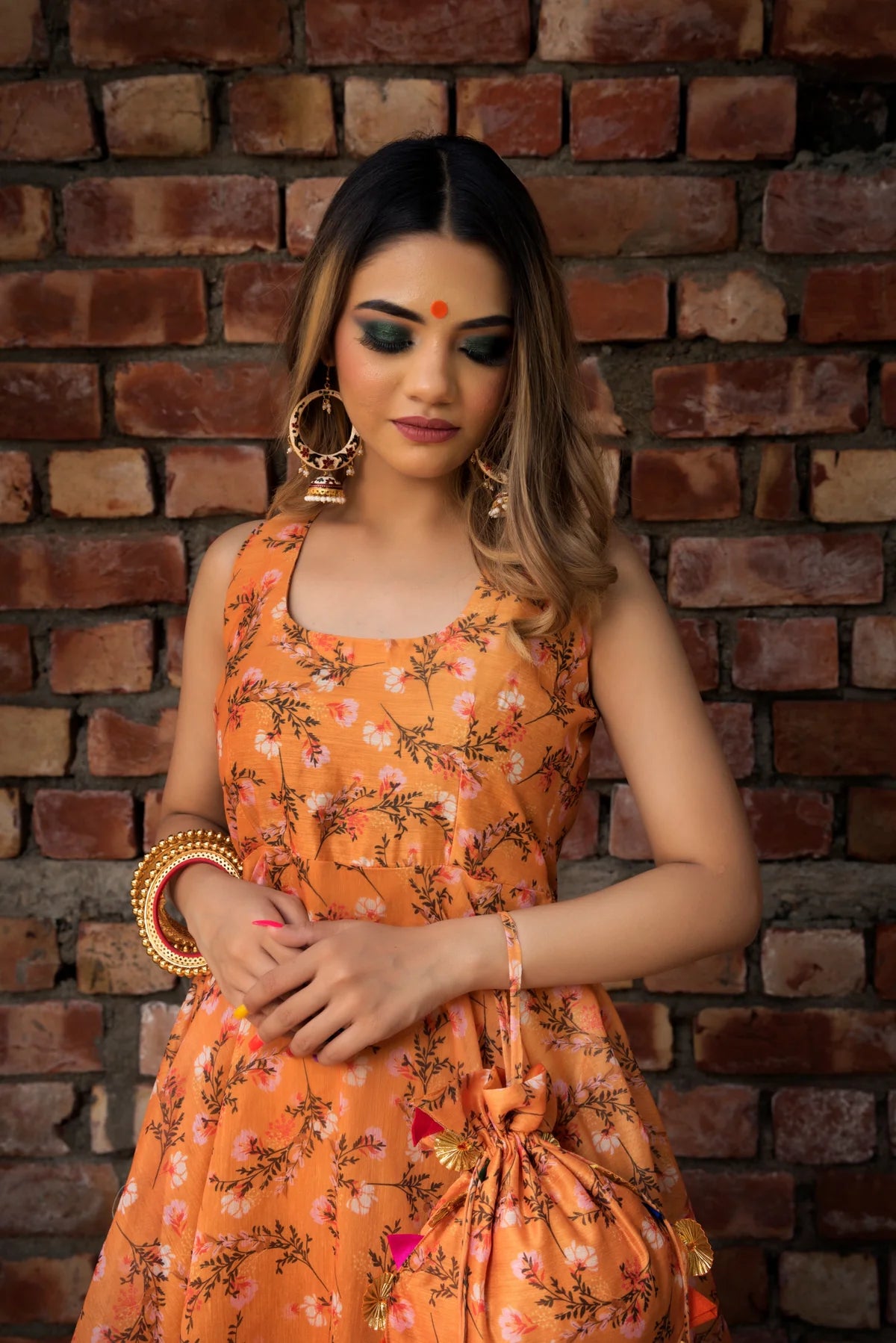 ORANGE PRINTED MODAL ANRAKALI SET