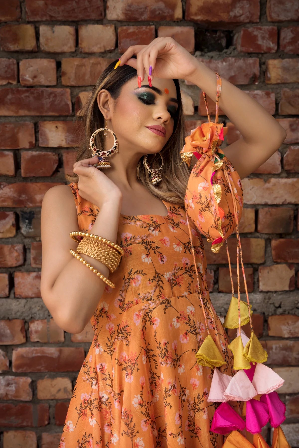 ORANGE PRINTED MODAL ANRAKALI SET