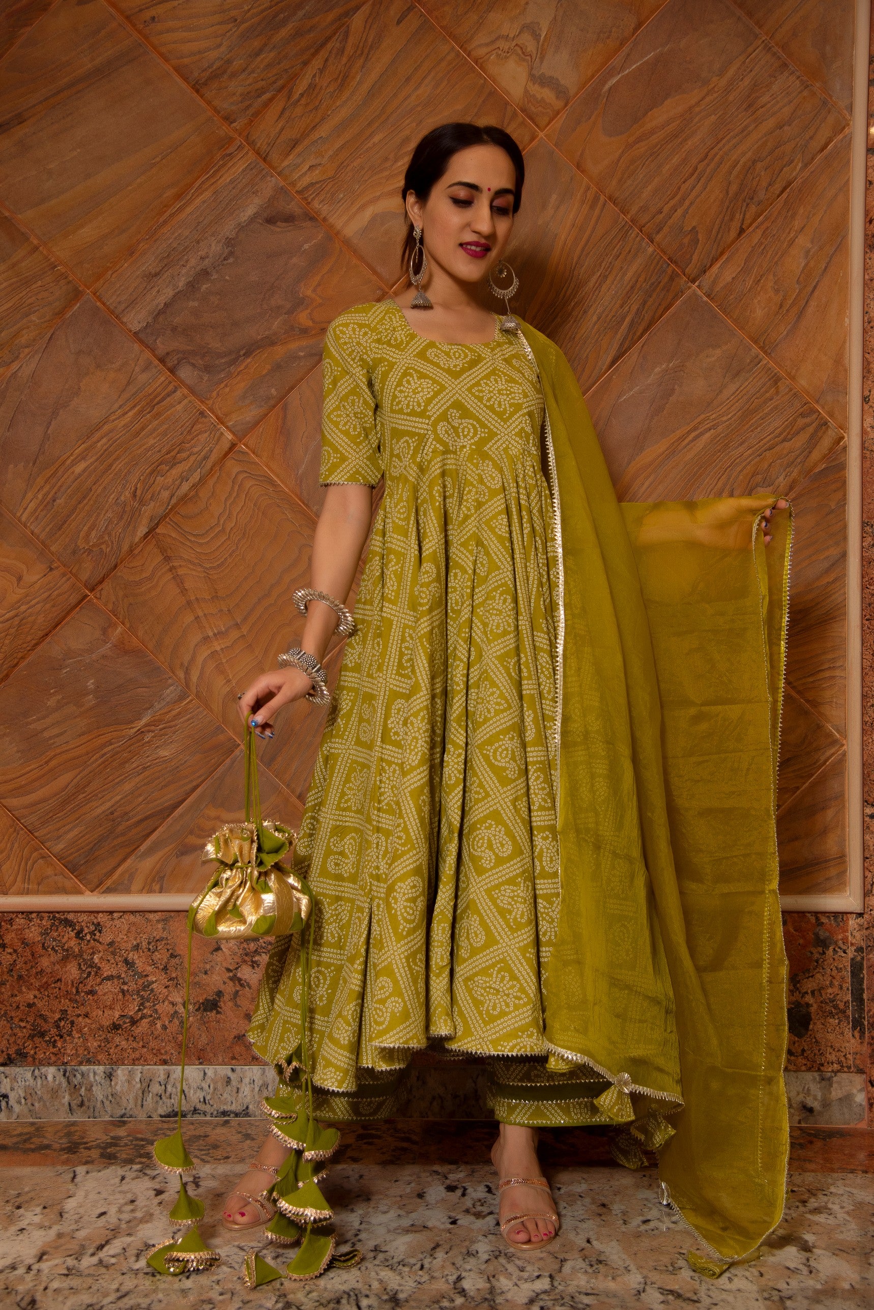 BANDHEJ MEHNDHI GREEN COTTON ANARKALI SET
