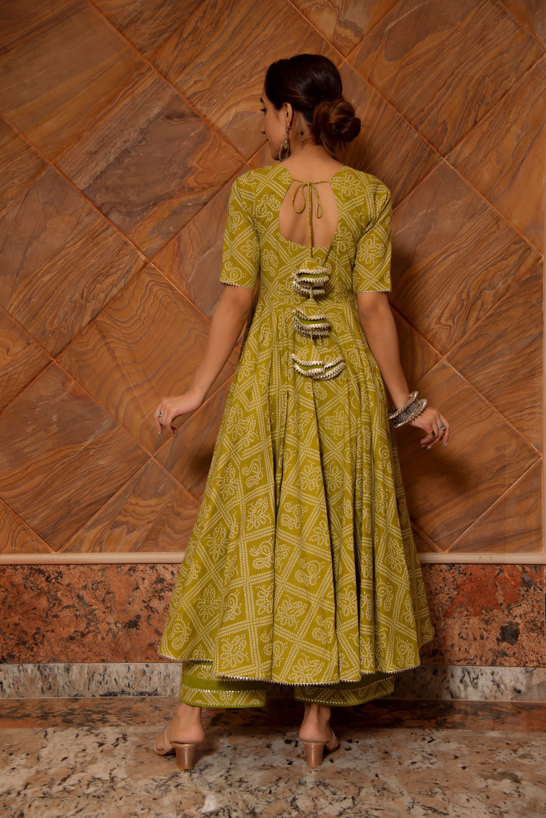 BANDHEJ MEHNDHI GREEN COTTON ANARKALI SET